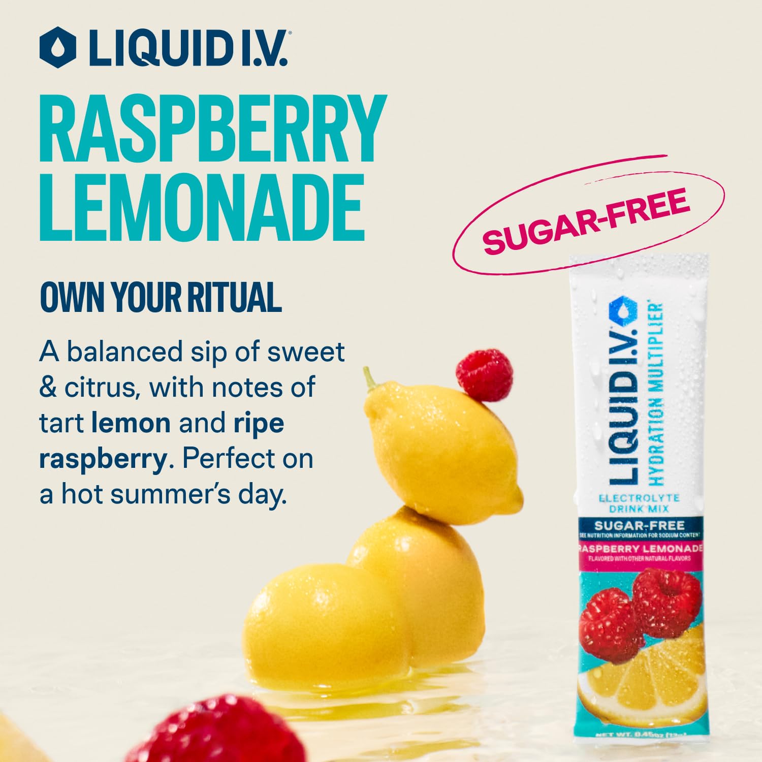 Liquid I.V. Raspberry Lemonade powder being poured into 16 oz water for quick hydration