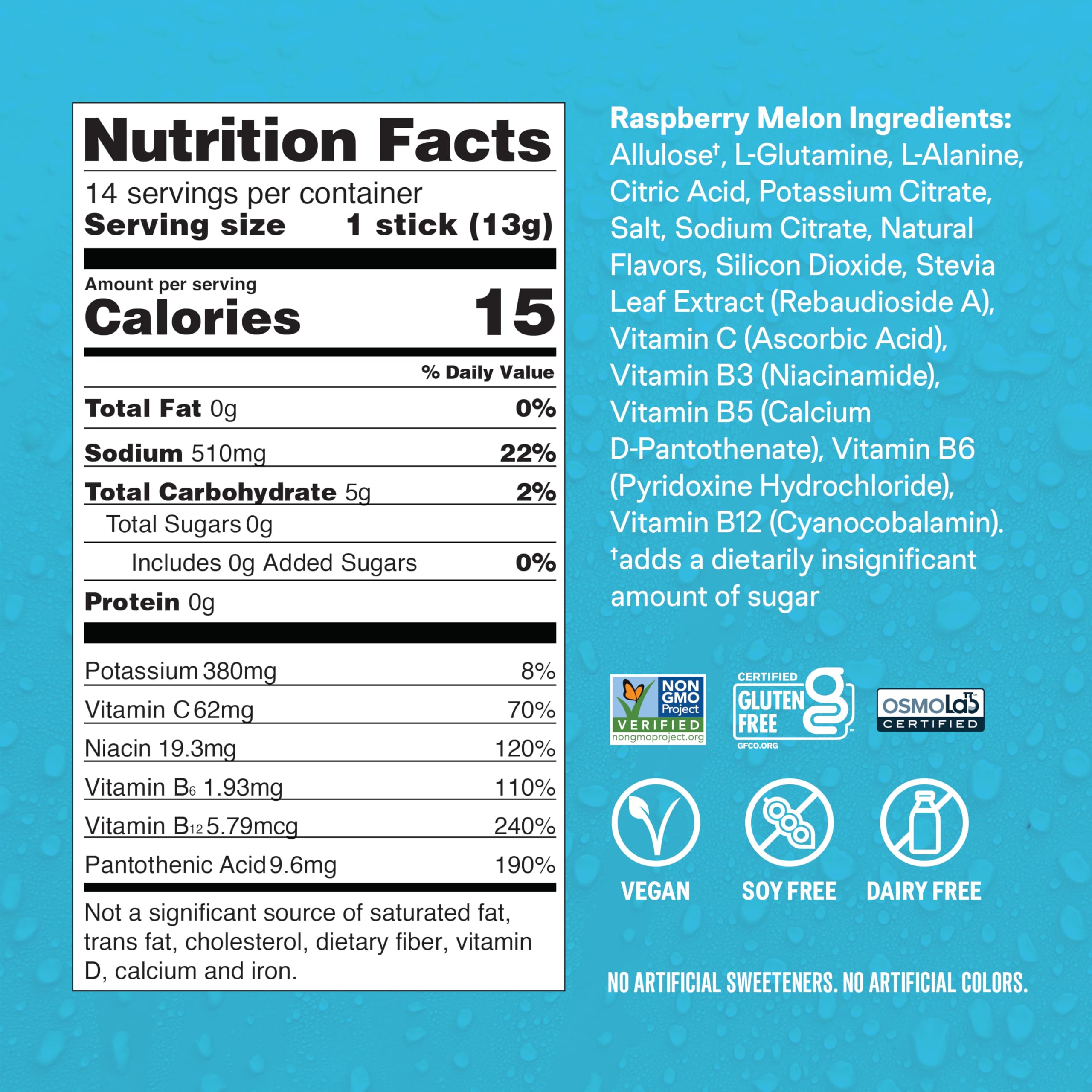 Label highlights gluten-free, soy-free, and dairy-free for sensitive diets.