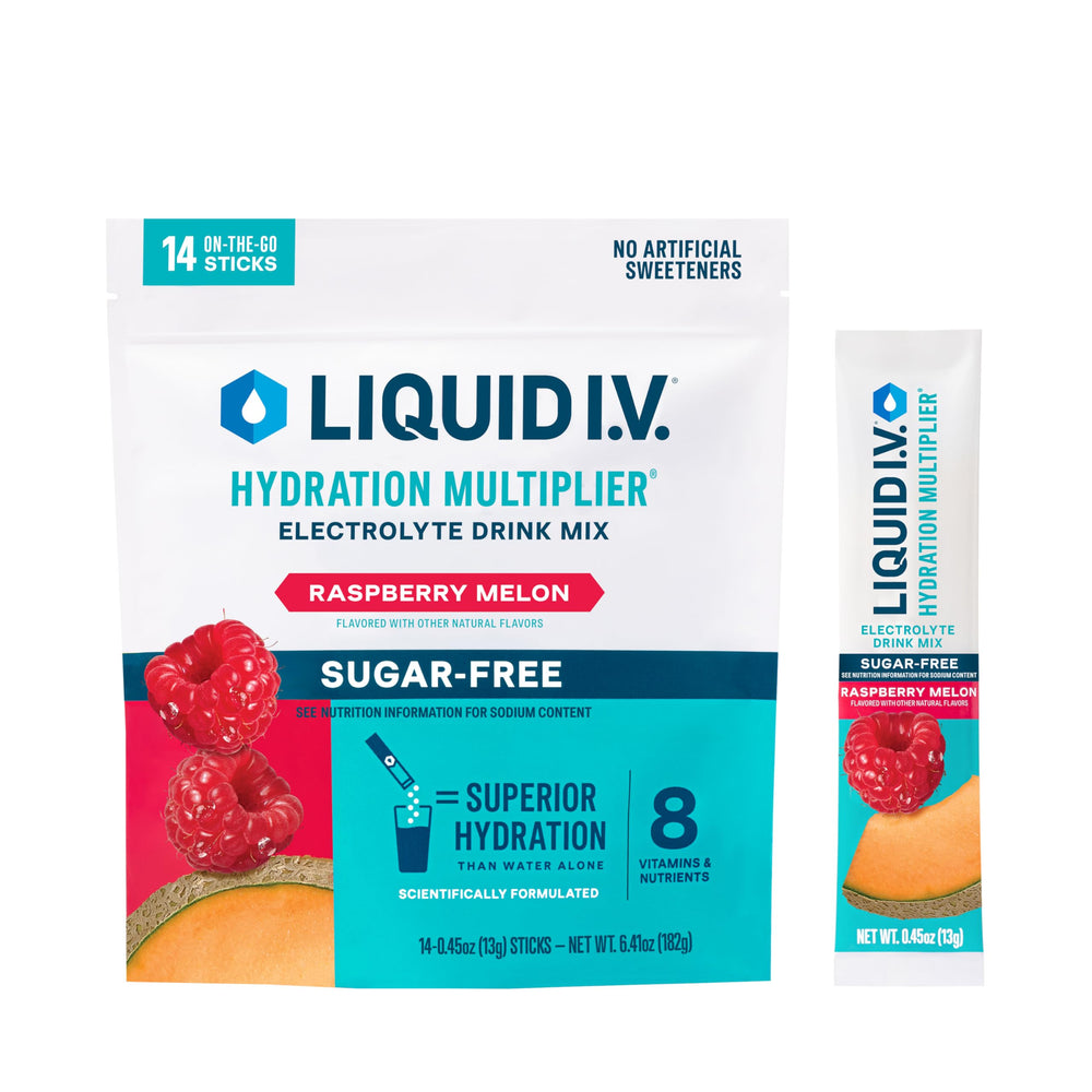 Liquid I.V. Hydration Multiplier Raspberry Melon sachet ready to shake for on-the-go hydration.