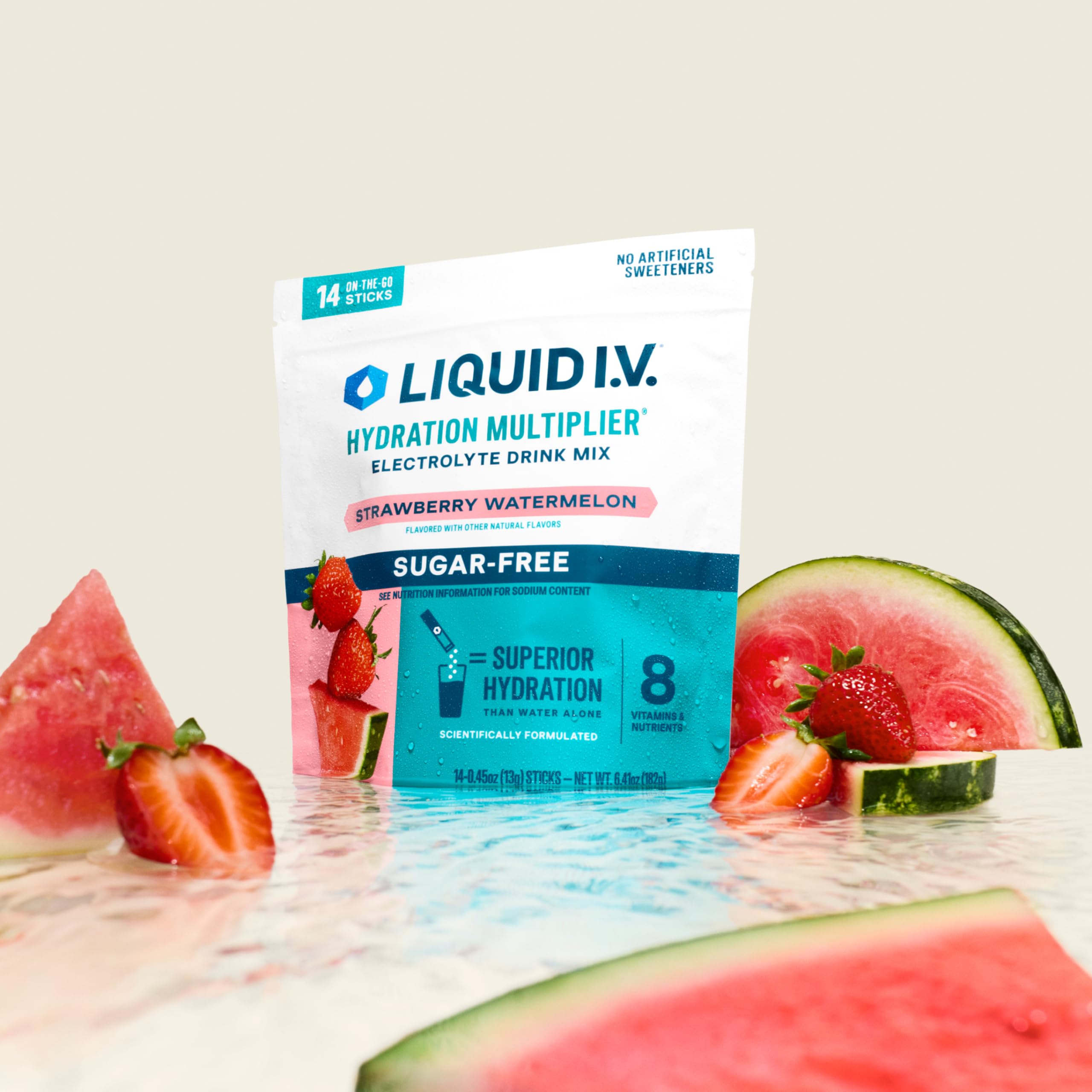 Liquid I.V. Hydration Multiplier Sugar-Free strawberry-watermelon flavor close-up with zero sugar.