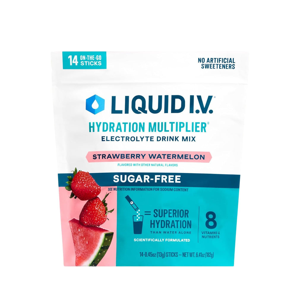 Liquid I.V. Hydration Multiplier Sugar-Free strawberry-watermelon packet for on-the-go hydration.