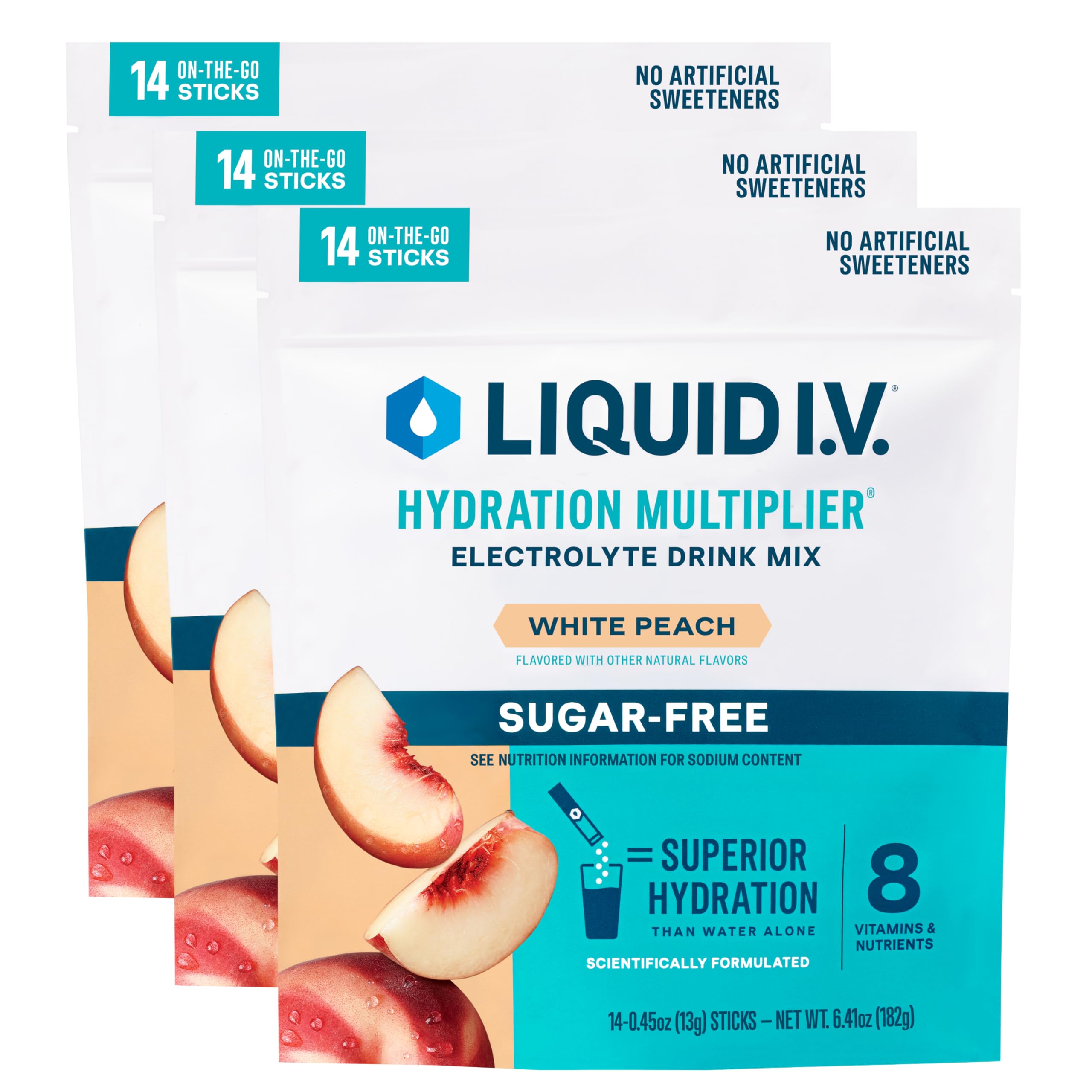 Liquid I.V. Hydration Multiplier Sugar-Free White Peach 3-pack on shelf, convenient hydration on the go.