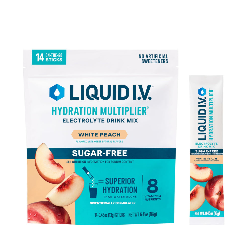 Liquid I.V. White Peach packet ready to mix for on-the-go hydration