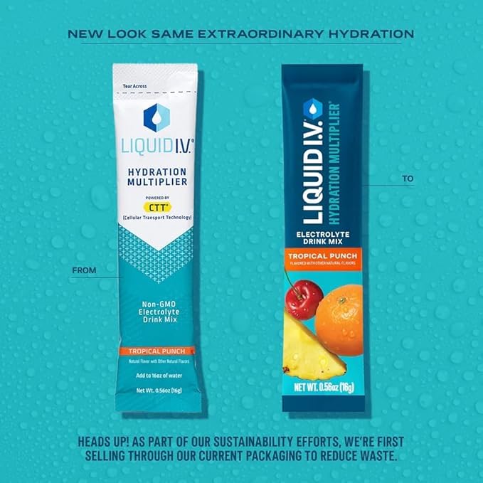 Liquid I.V. Hydration Multiplier Tropical Punch box highlighting 3-pack convenience.