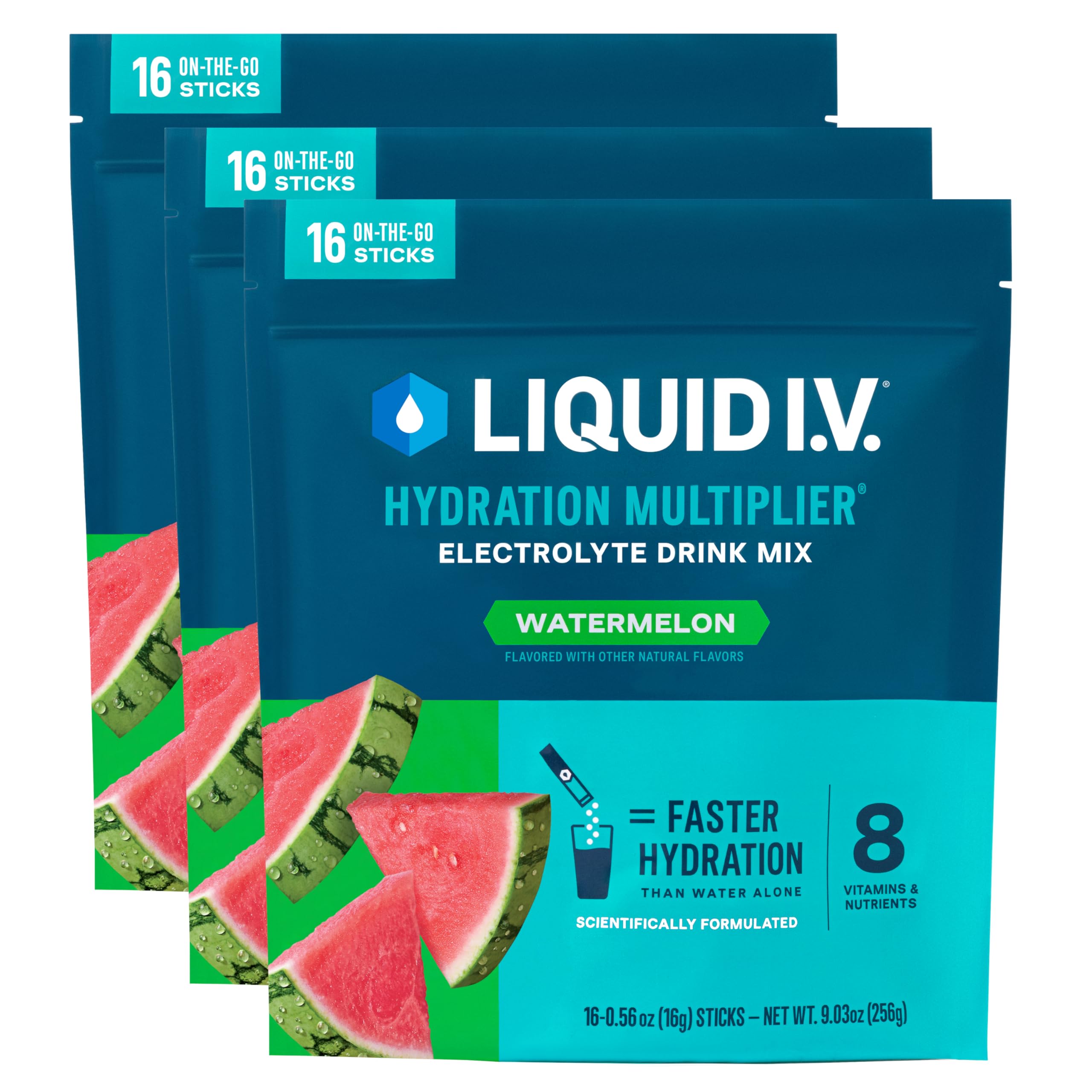 Liquid I.V. Watermelon Hydration Multiplier three-pack front view for easy on-the-go hydration