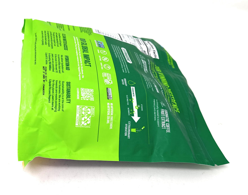 Liquid I.V. No artificial sweeteners and colors Non-GMO label close-up.