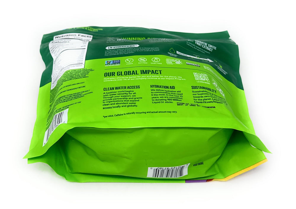 Liquid I.V. Packaging back view with features and benefits listed.
