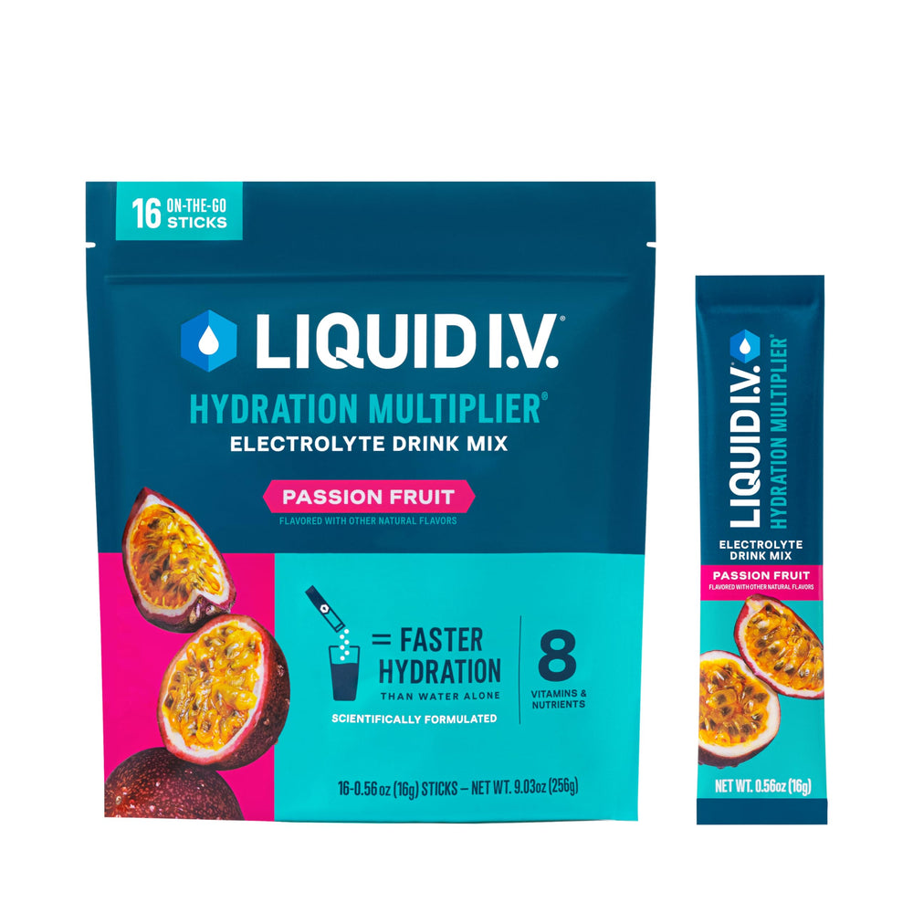 Liquid I.V. Passion Fruit packet ready to mix for hydration.