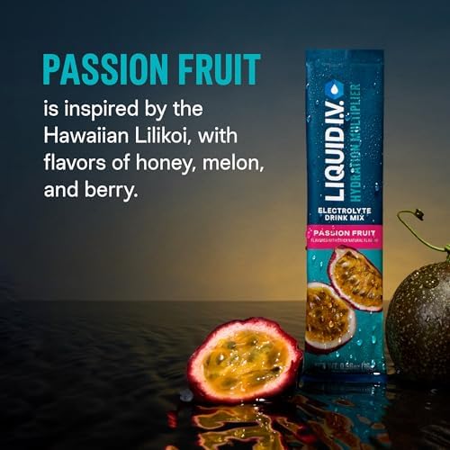 Liquid I.V. Passion Fruit powder dissolving in water for hydration.
