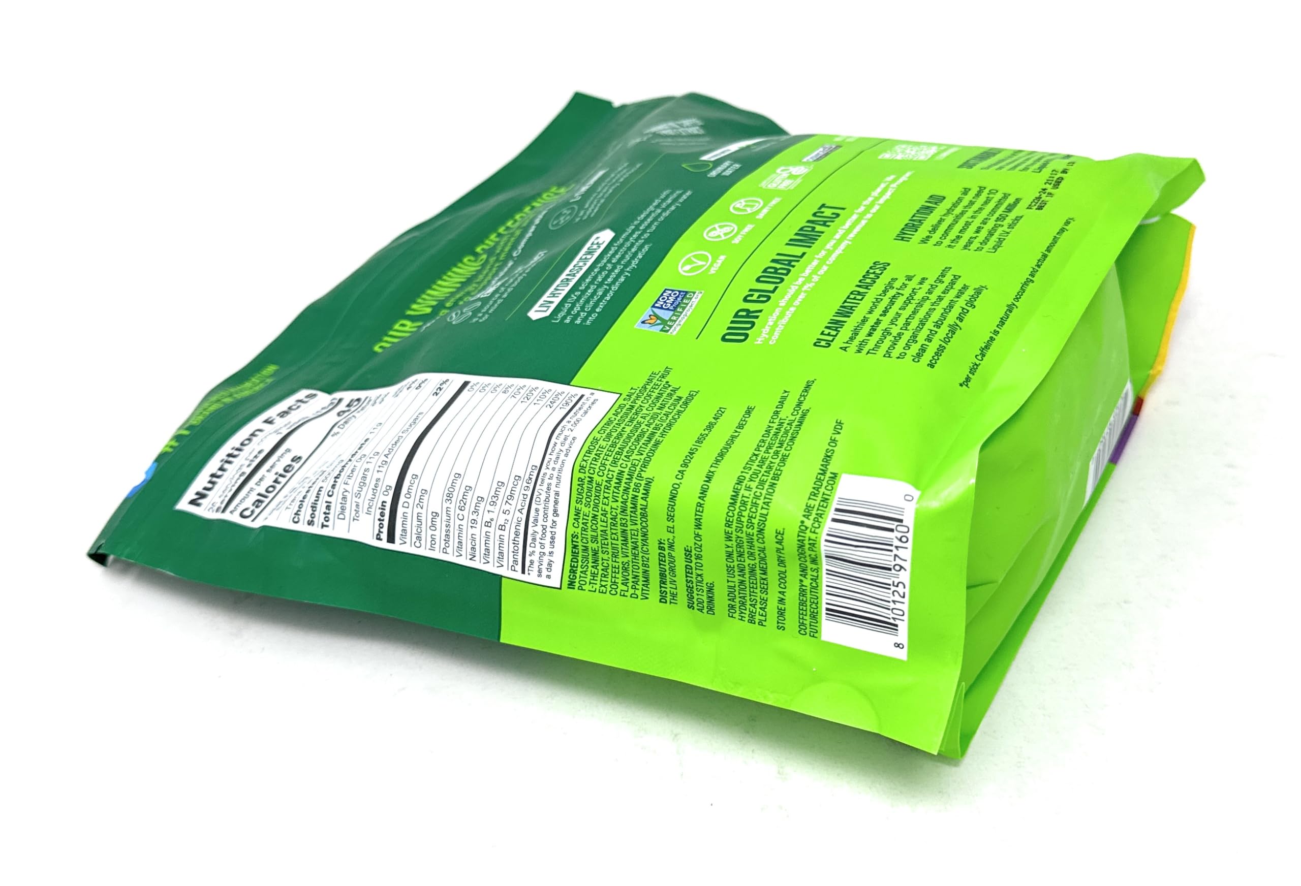 Liquid I.V. Resealable pouch side view highlights portable single-serve packets.