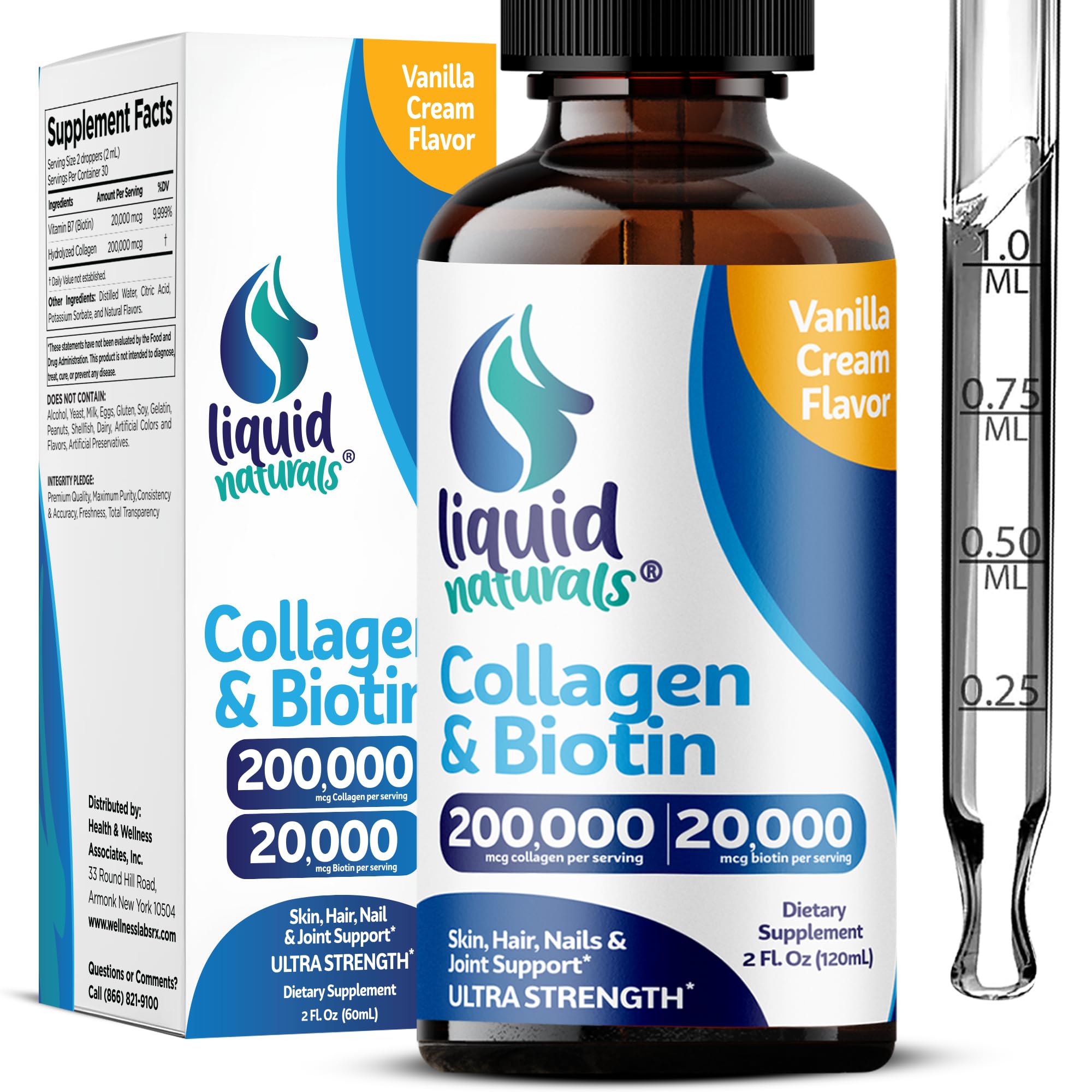 Liquid Naturals liquid collagen and biotin bottle with vanilla flavor for daily beauty support.