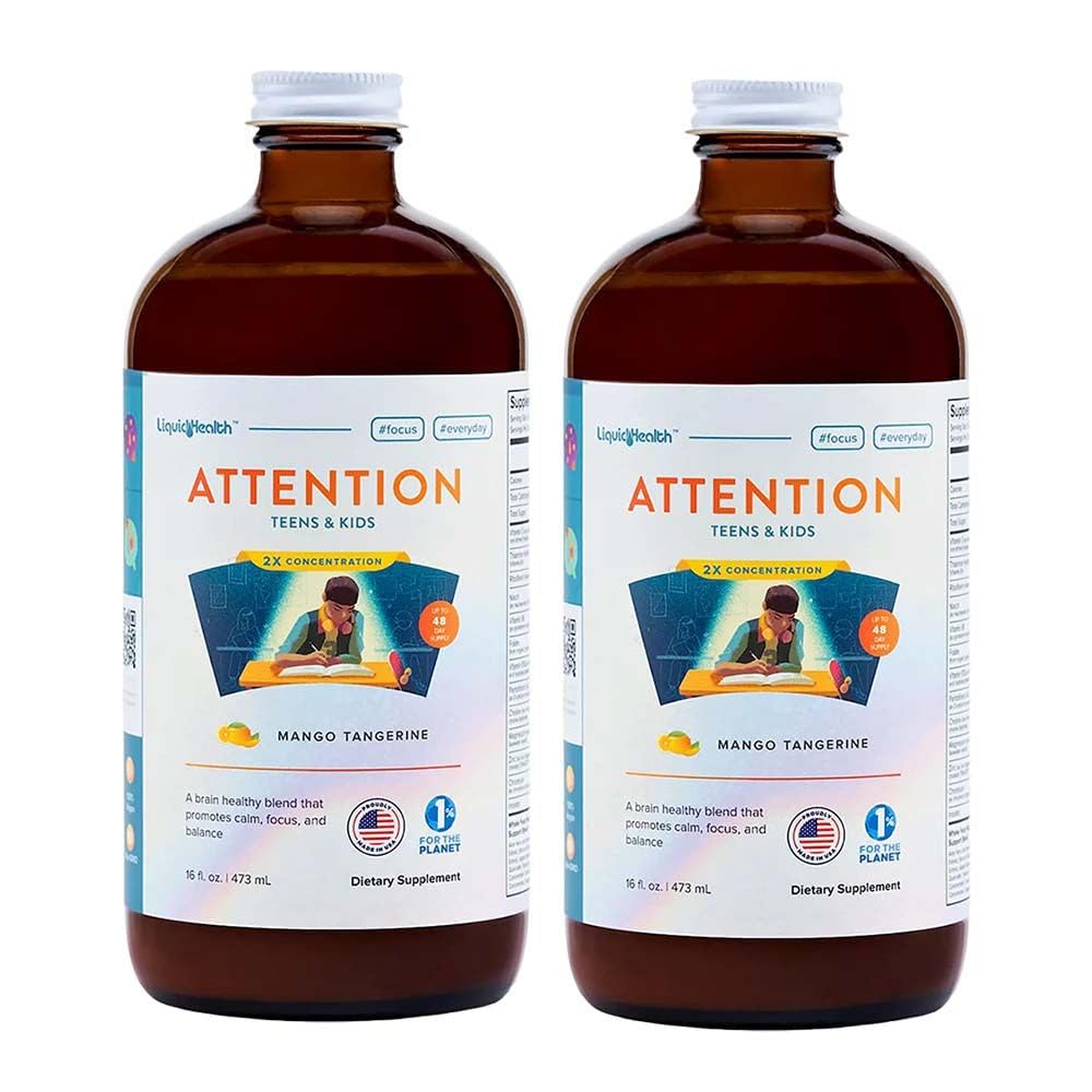 LIQUIDHEALTH Attention bottle front highlighting kid-friendly focus and mood support