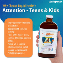 LIQUIDHEALTH Attention dosing cup highlights mango-tangerine flavor for kids