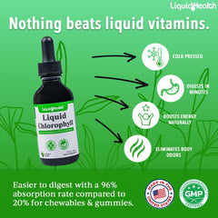 LIQUIDHEALTH Chlorophyll Drops dropper for easy daily dosing and mint flavor.