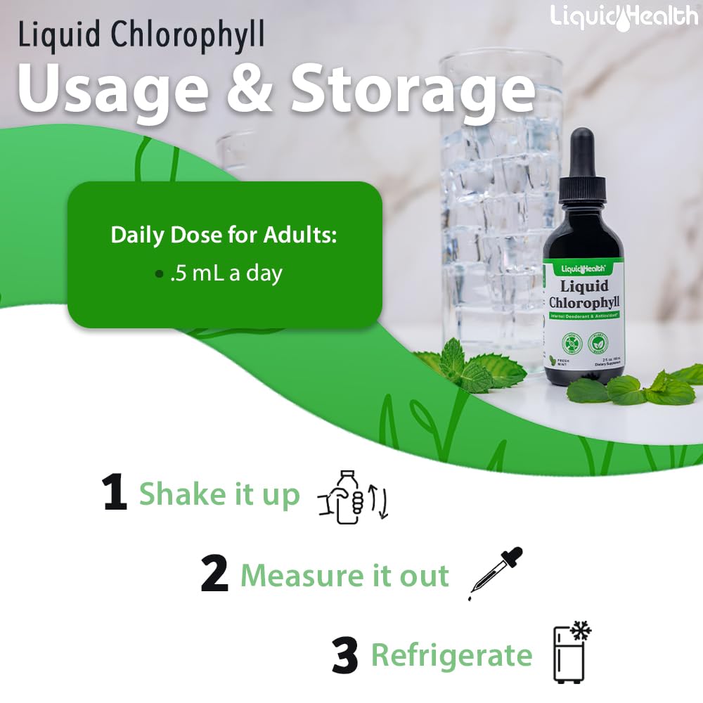 LIQUIDHEALTH Chlorophyll Drops poured into a glass of water for refreshing hydration.