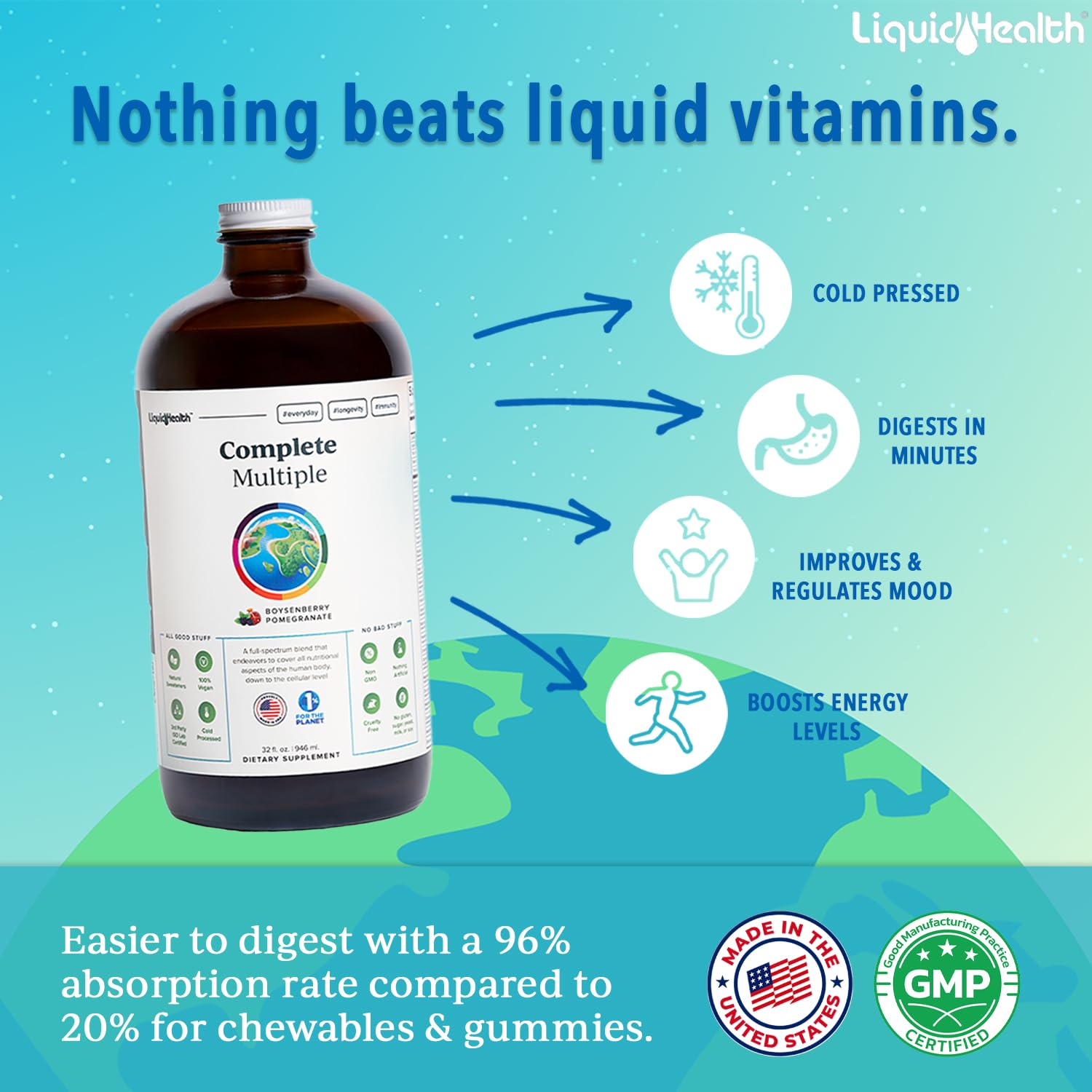 LIQUIDHEALTH label close-up highlighting vegan, non-GMO formula and flavor