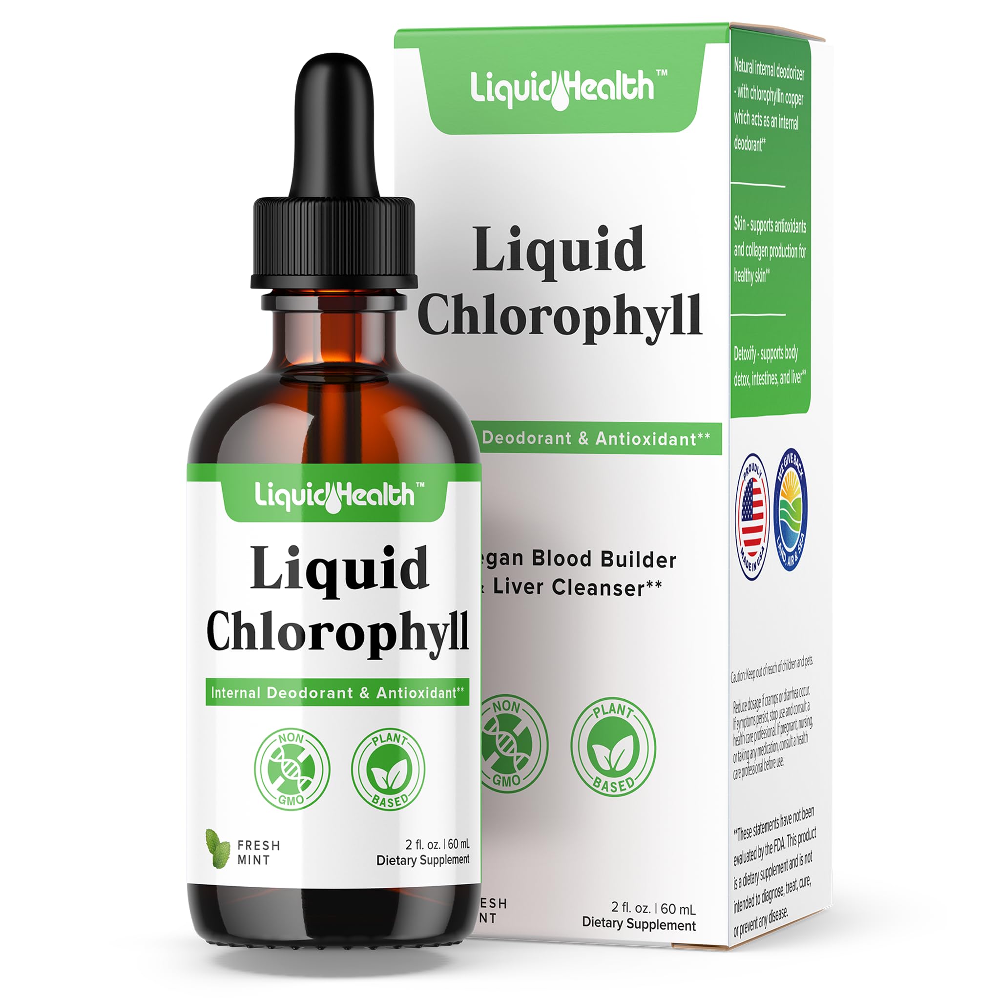 LIQUIDHEALTH Liquid Chlorophyll Drops bottle illustrates internal deodorizer and detox potential.
