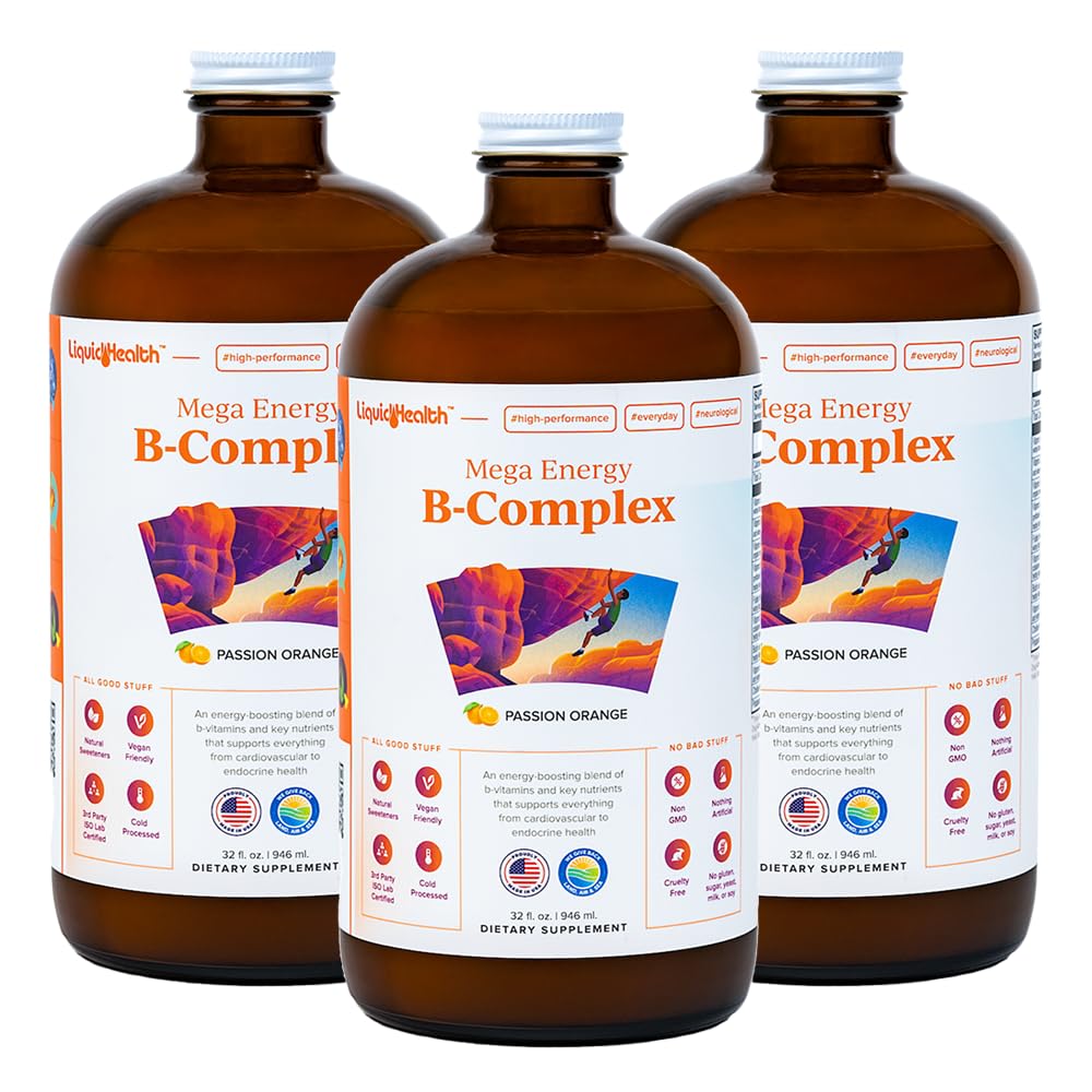 LIQUIDHEALTH Mega Energy B-Complex bottle with pour showing natural energy support