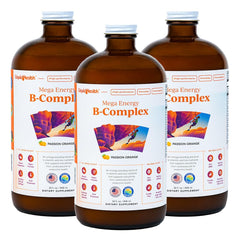 LIQUIDHEALTH Mega Energy B-Complex bottle with pour showing natural energy support