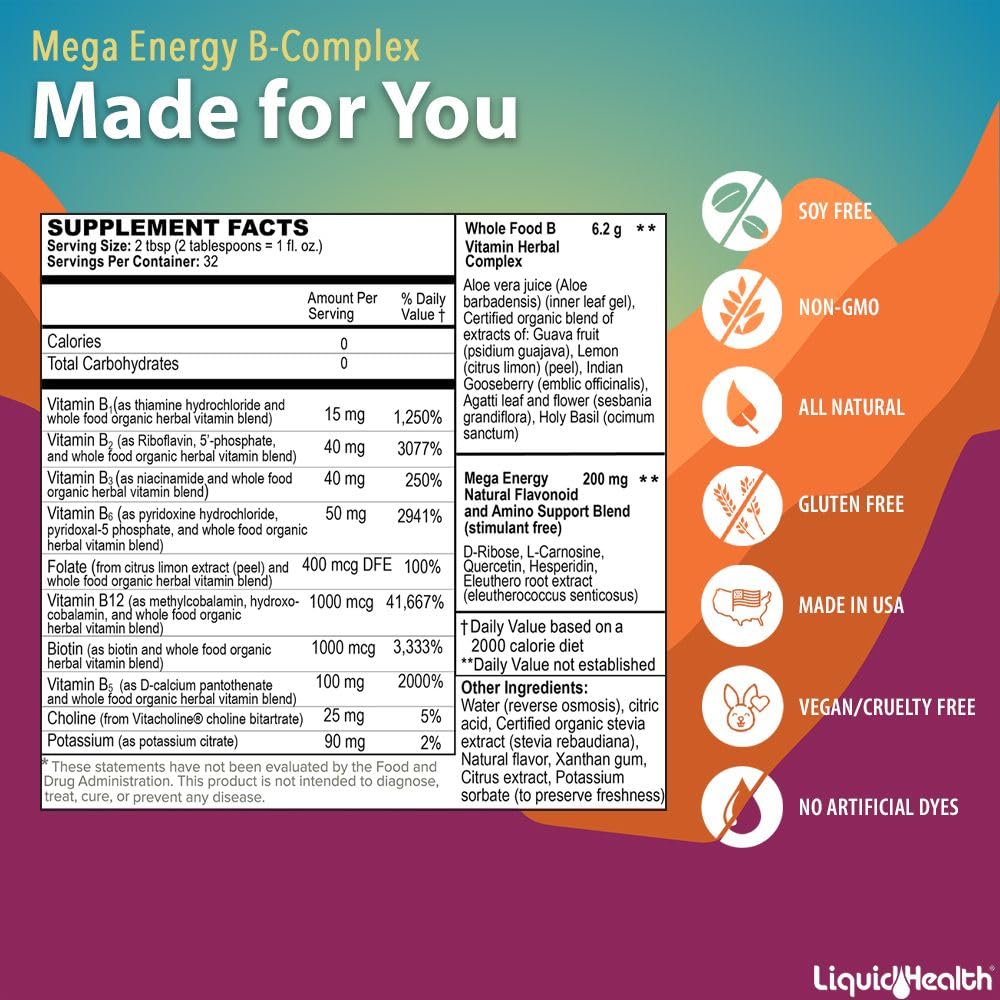 LIQUIDHEALTH Mega Energy B-Complex measuring spoon for precise two tablespoon servings.