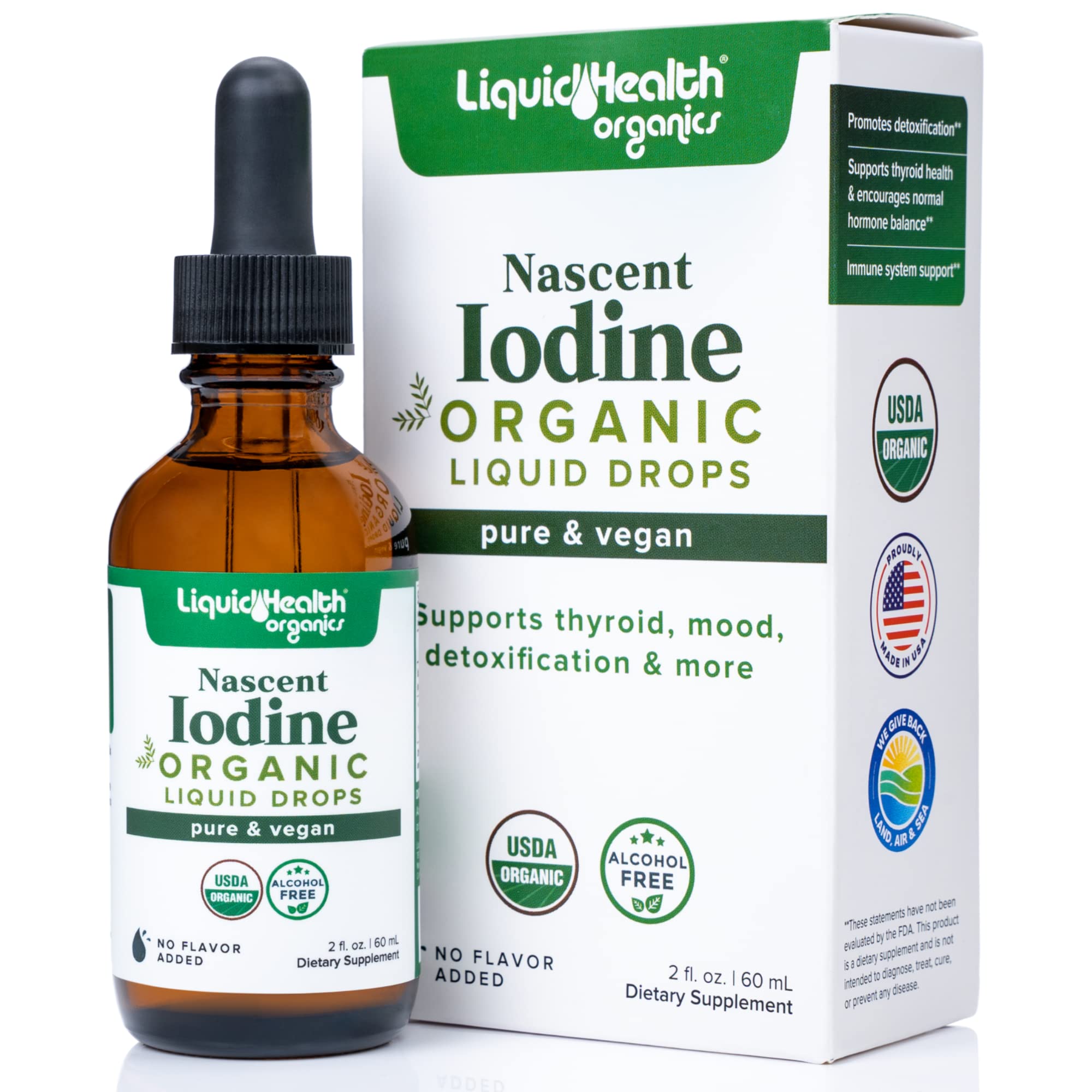 LIQUIDHEALTH nascent iodine drops bottle poured, suggesting rapid absorption for thyroid support.