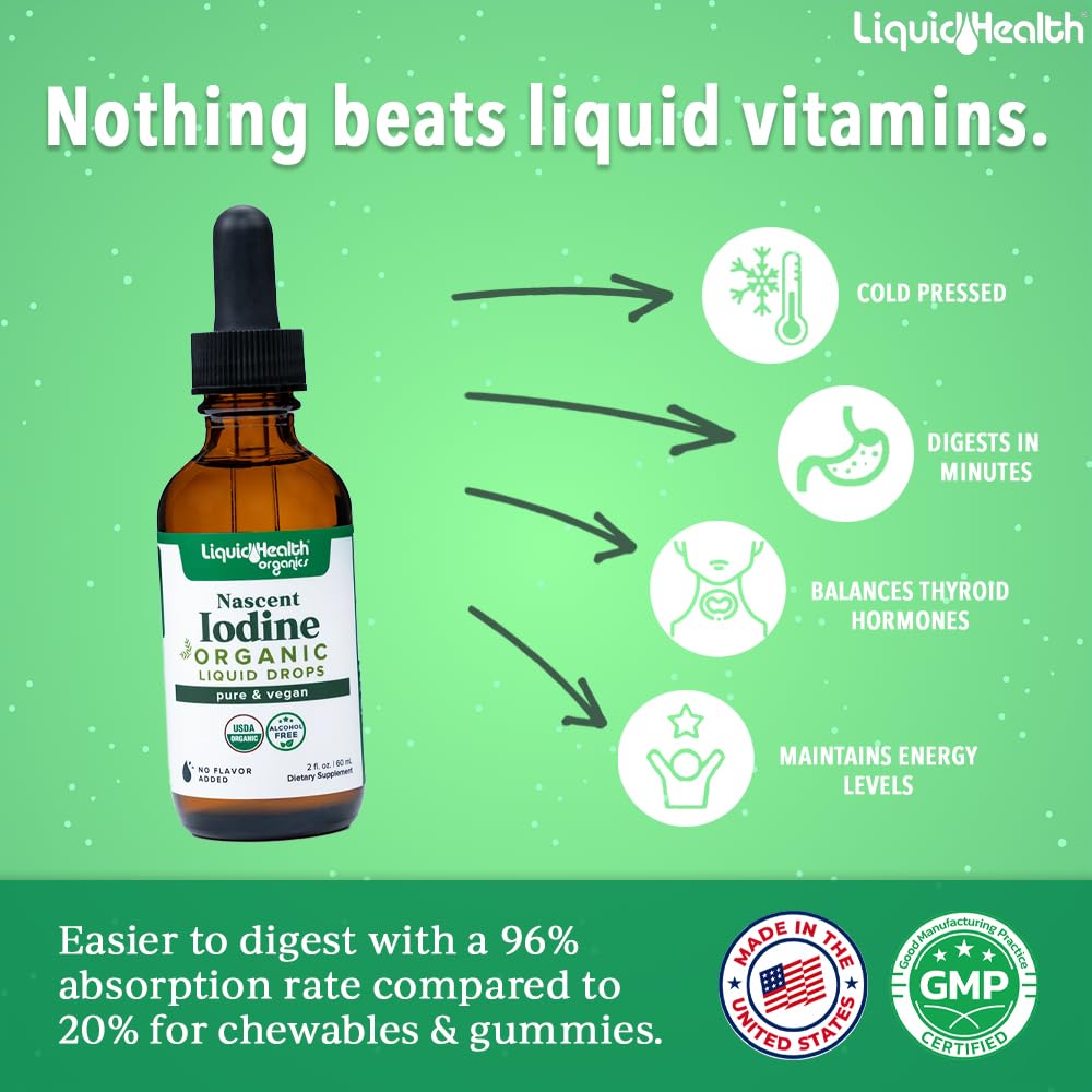 LIQUIDHEALTH nascent iodine drops bottle viewed from the side, emphasizing easy dosing.