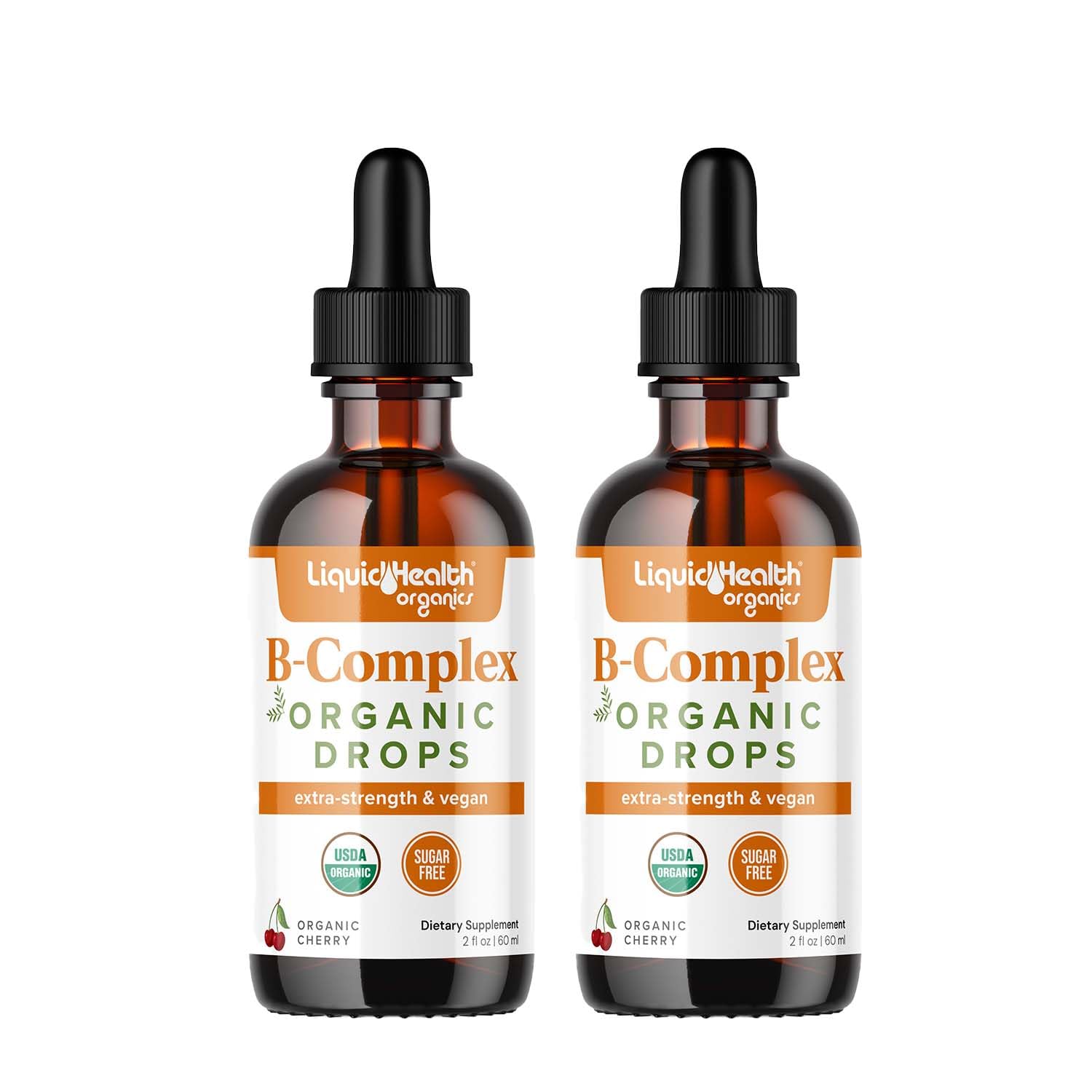 LIQUIDHEALTH organic vitamin B complex drops bottle shows full-spectrum vitamins for energy support