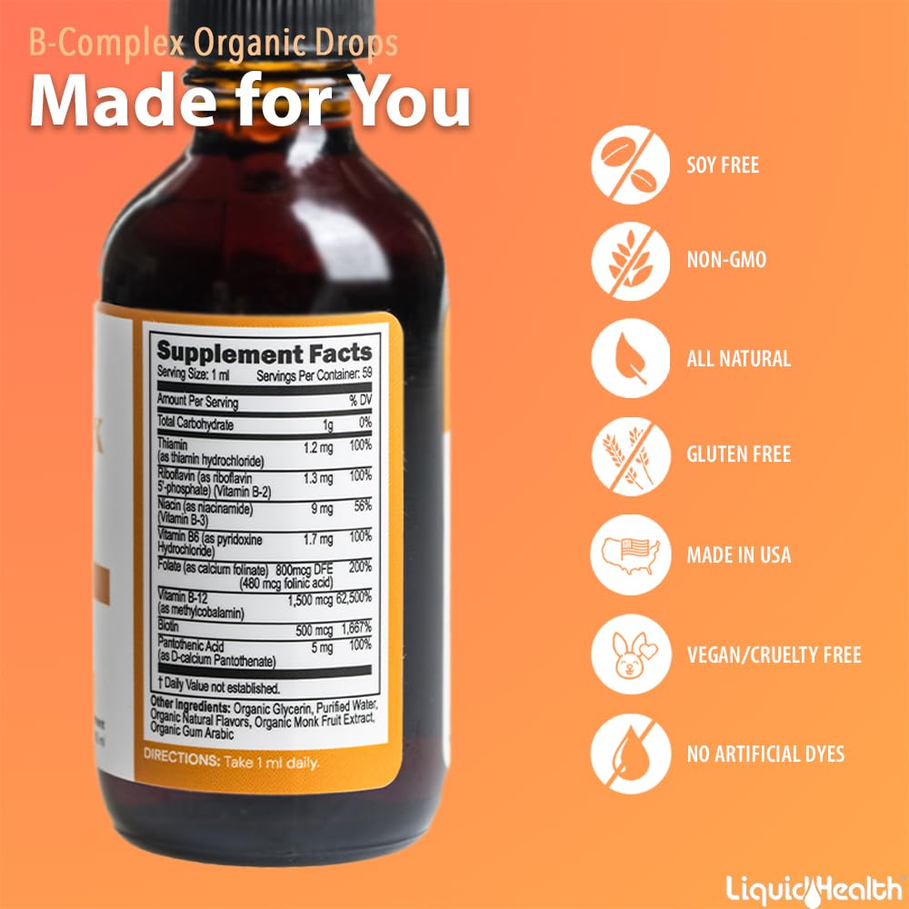 LIQUIDHEALTH organic B complex drops glass serving image suggests versatile use with beverages
