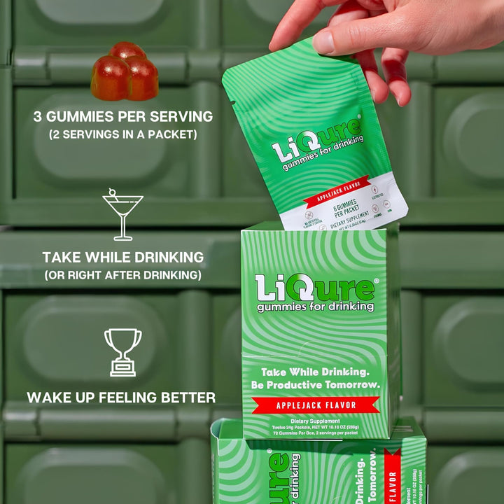 LiQure Gummies for Drinking packaging with DHM and botanicals visible