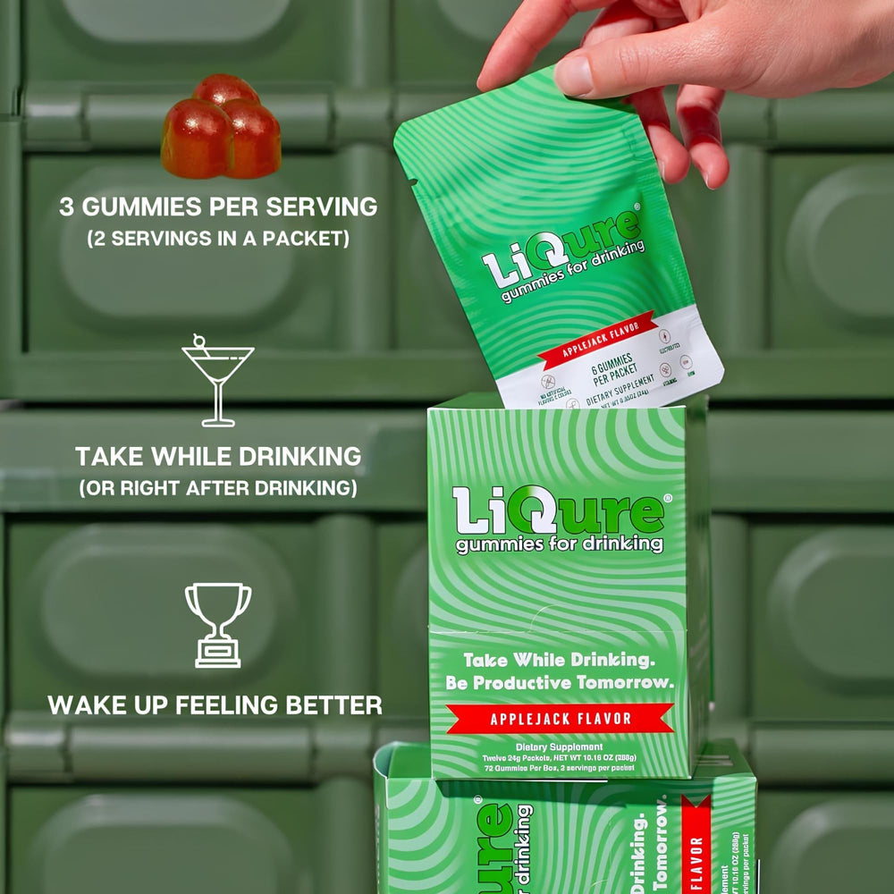 LiQure Gummies for Drinking packaging with DHM and botanicals visible
