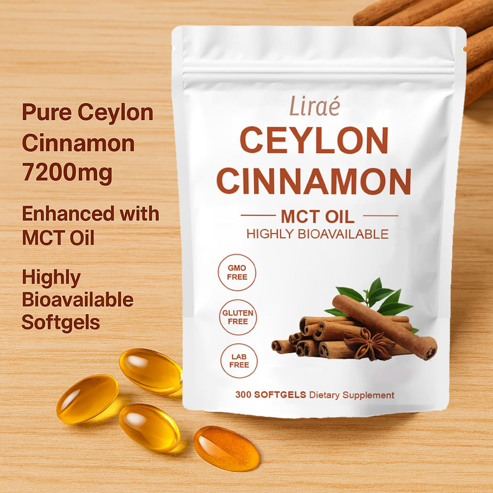 LIRAE Ceylon Cinnamon softgel capsules closeup for fast absorption.