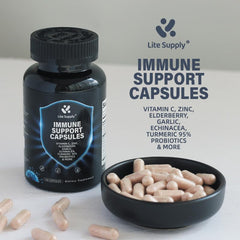Lite Supply Immune Support capsules closeup reveals smooth, easy-to-swallow pills.