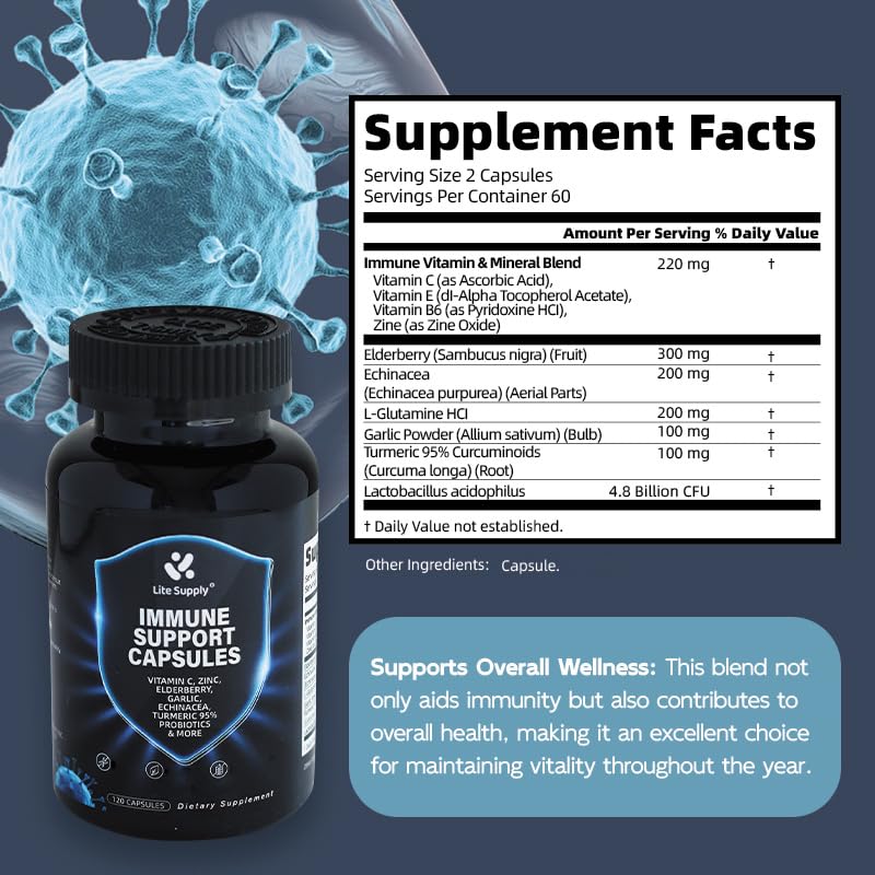 Lite Supply Immune Support capsules label highlighting key ingredients for immune-friendly nutrition.