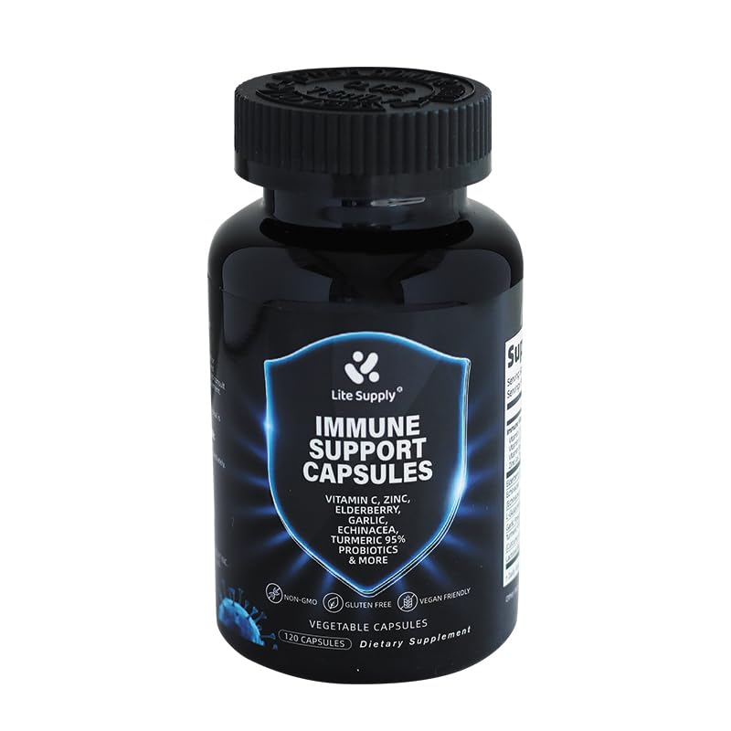 Lite Supply Immune Support ingredients visual shows elderberry, turmeric, garlic, and echinacea.