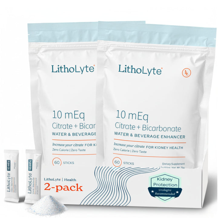 LithoLyte 10mEq stick in glass for hydration and citrate support.