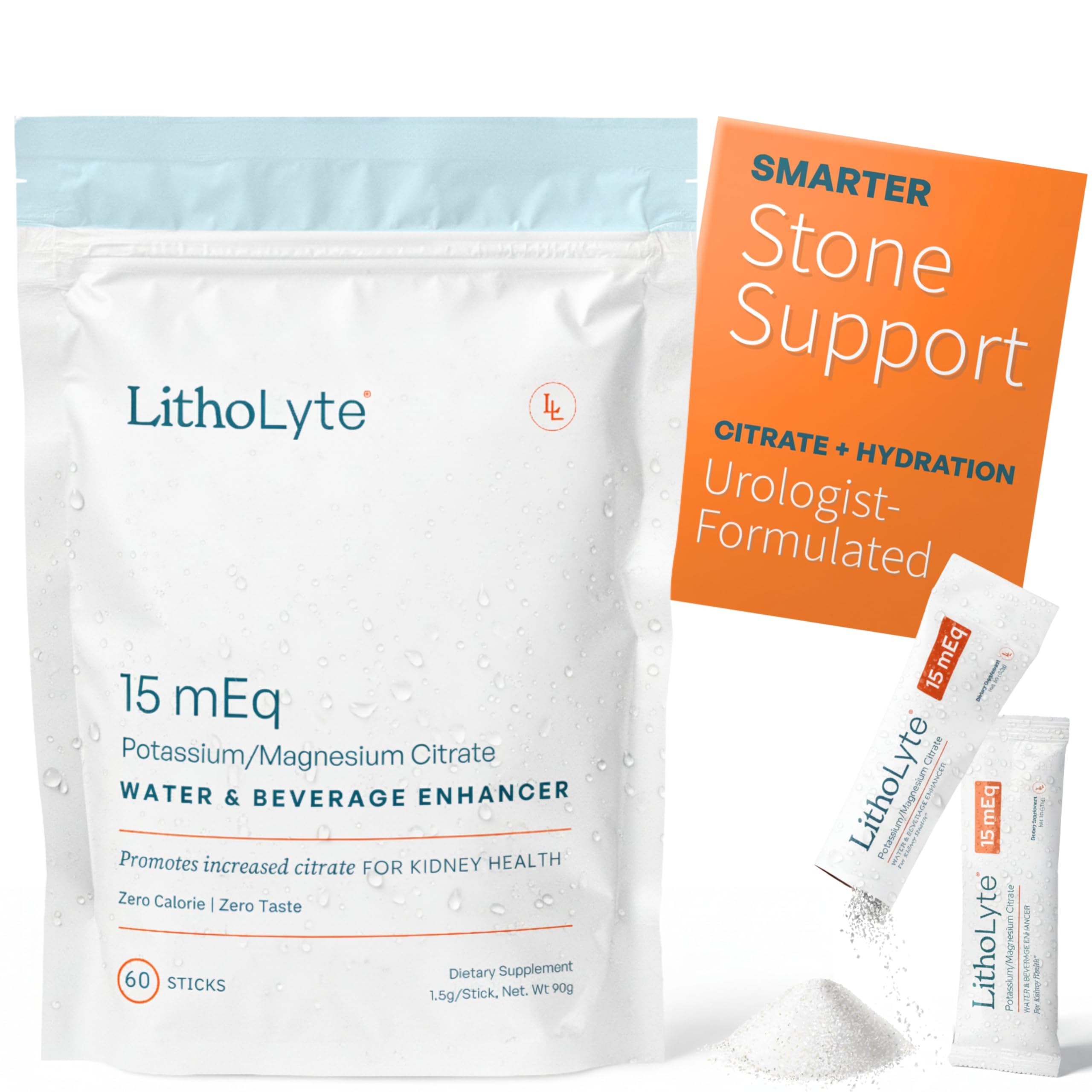 LithoLyte 15 mEq sticks dissolving into a bottle for hydration and kidney support.