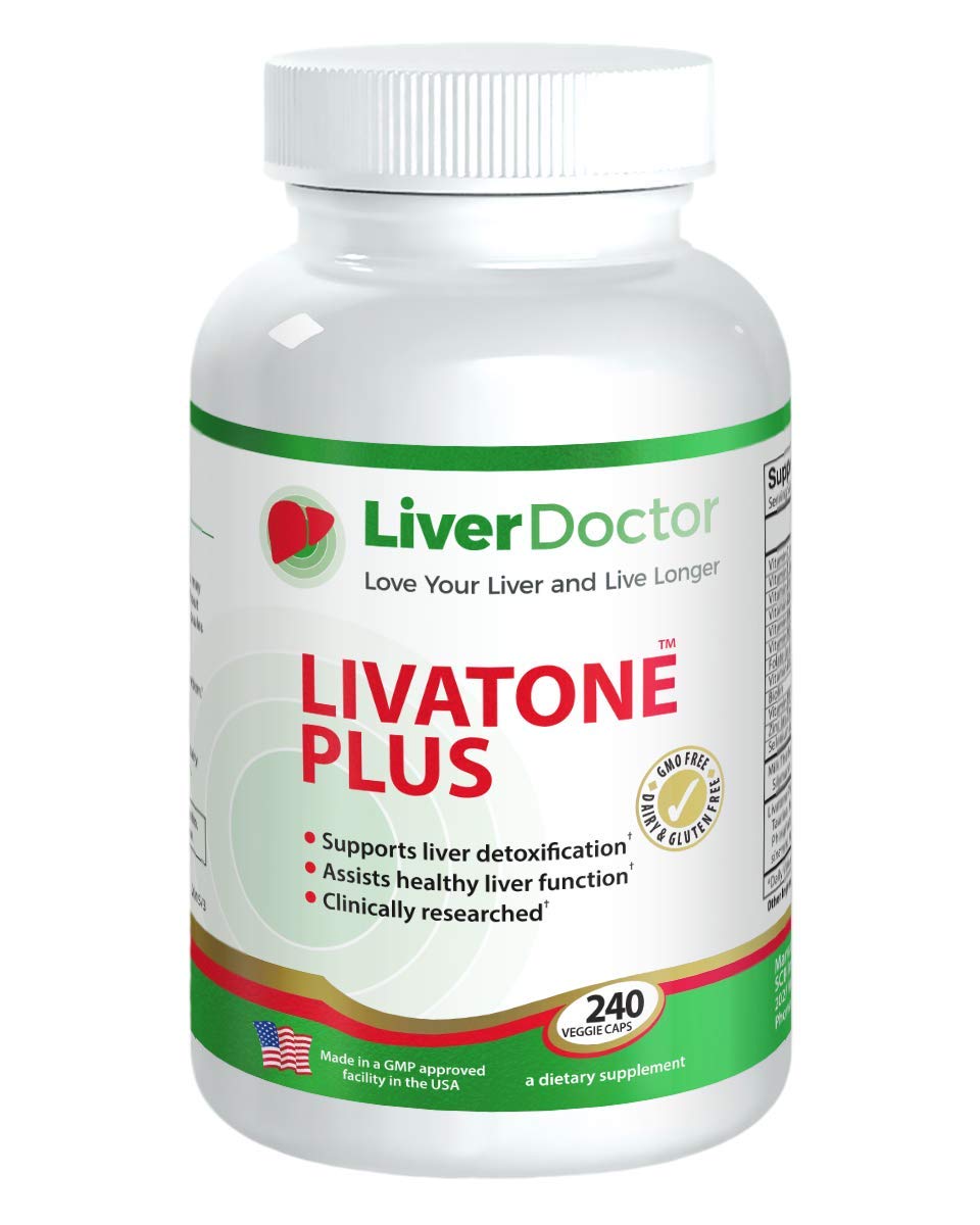 Livatone Plus bottle front with branding, signaling detox support.