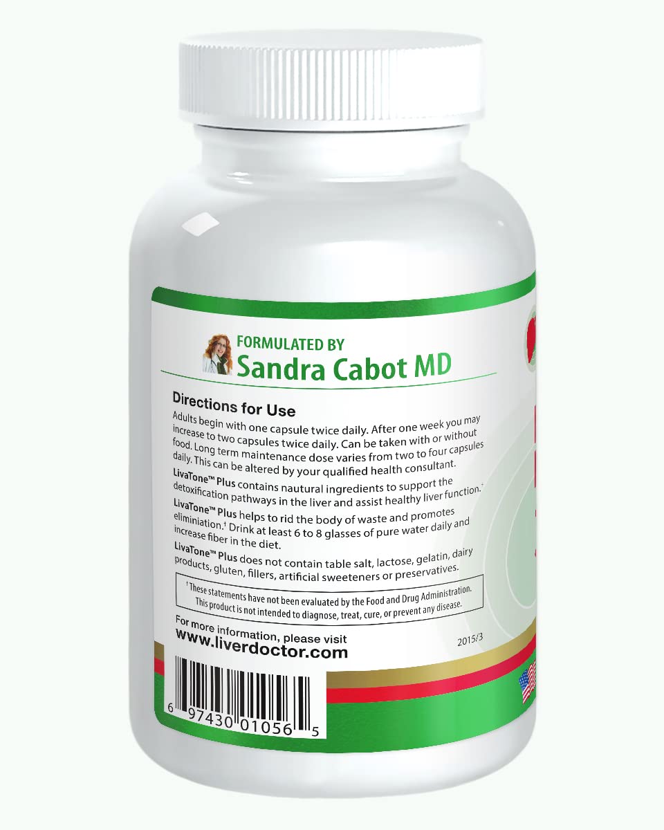 Livatone Plus bottle label close-up highlighting milk thistle and nutrients.