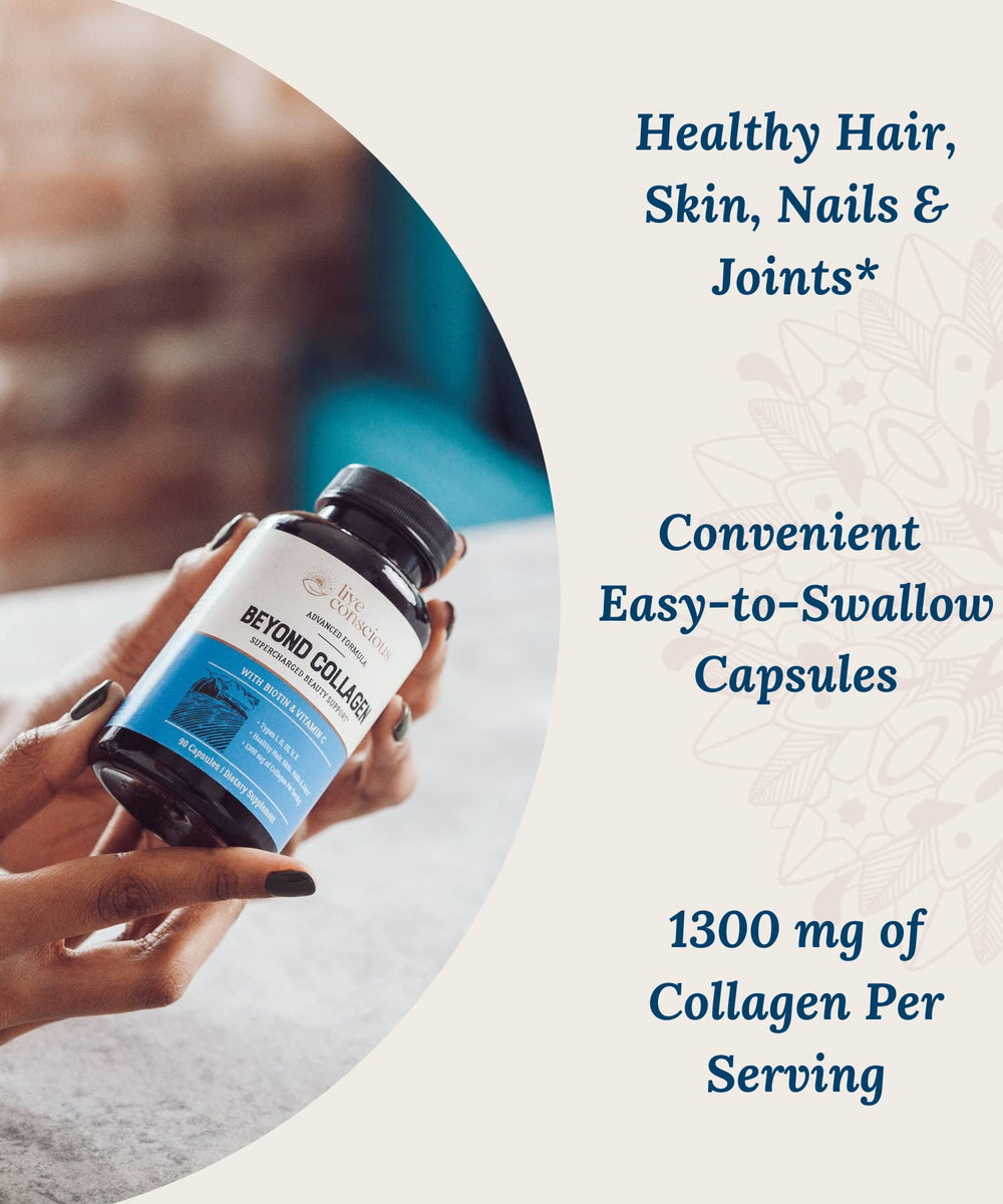 Live Conscious Beyond Collagen 3D packaging emphasizing premium ingredients