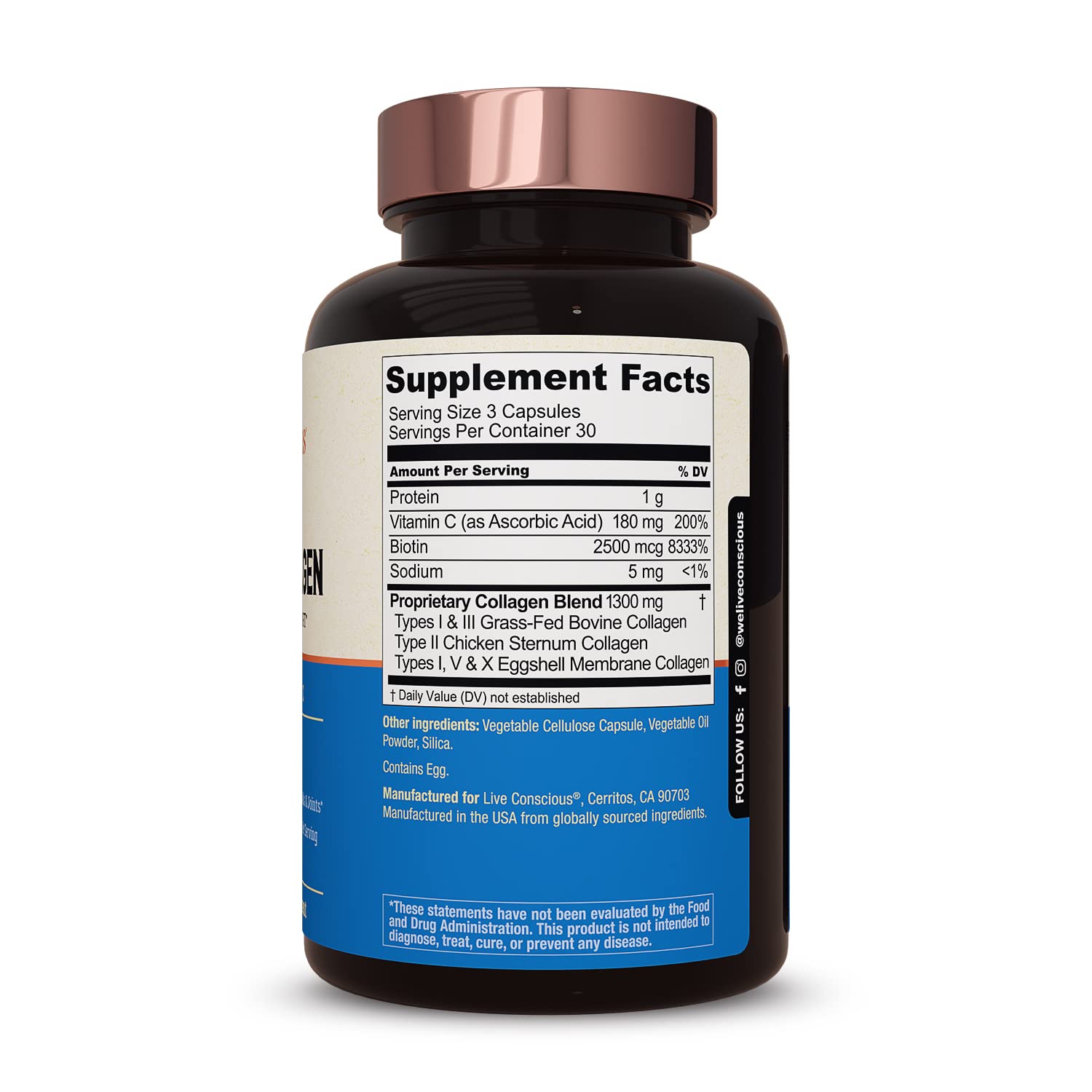 Live Conscious Beyond Collagen label shows biotin and vitamin C