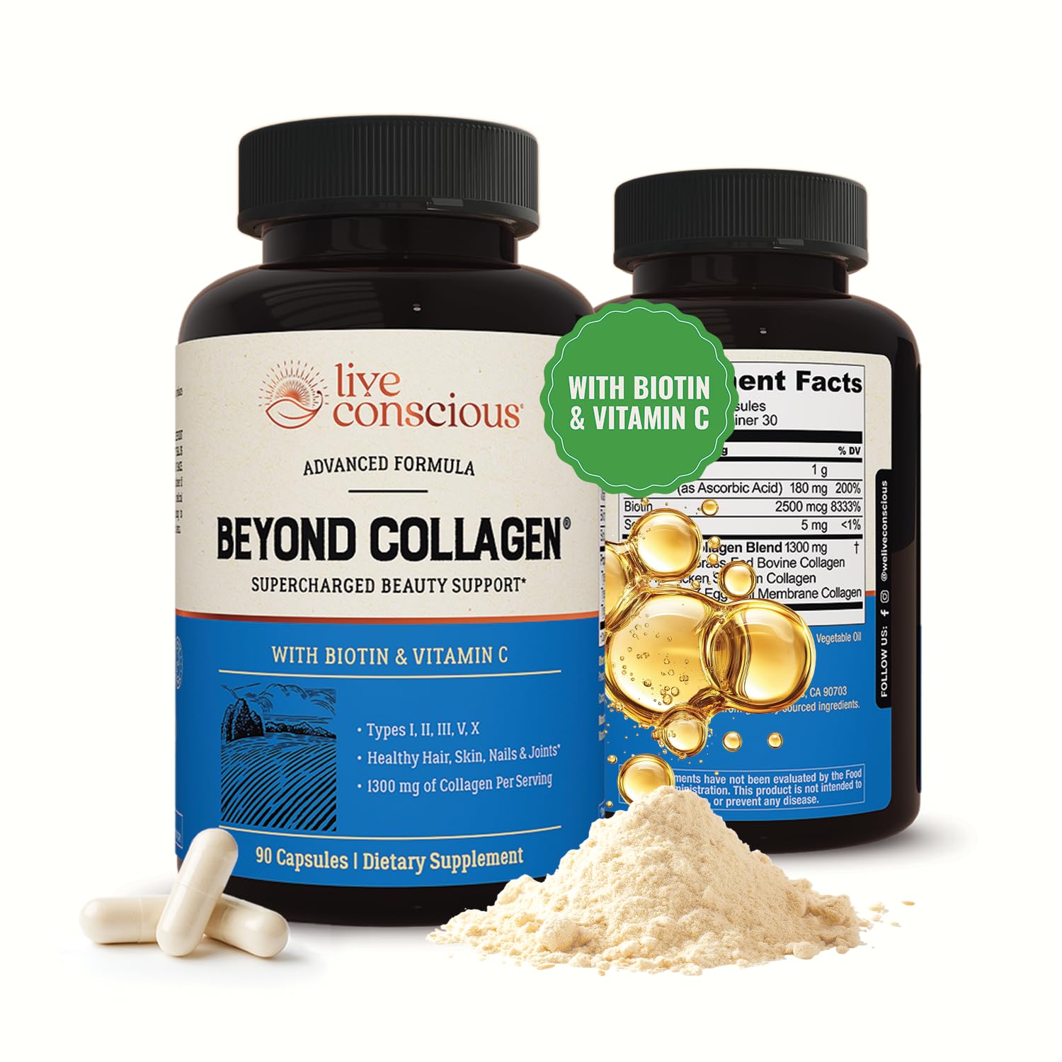 Live Conscious Beyond Collagen bottle front with 90 capsules for daily support