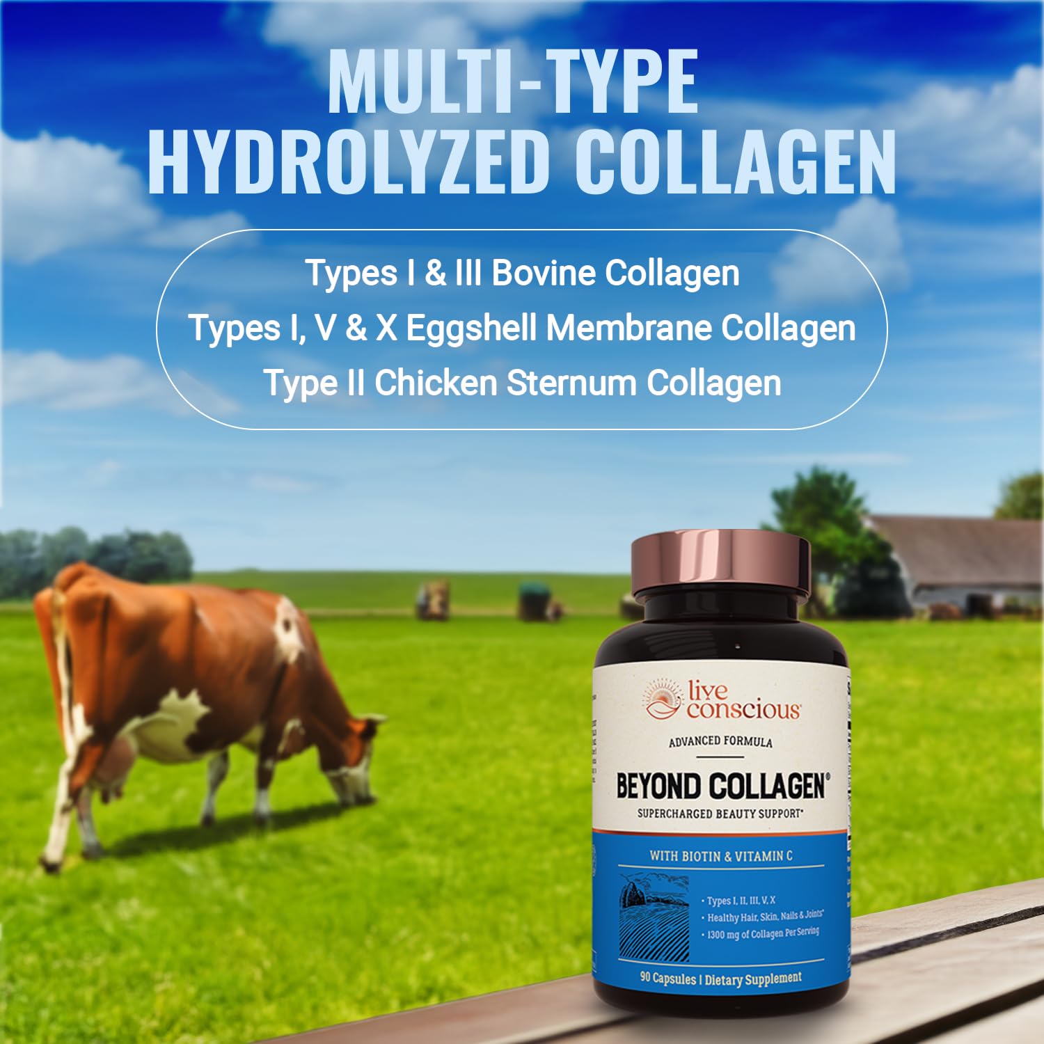 Live Conscious Beyond Collagen capsules close-up showing glossy, easy-to-swallow form