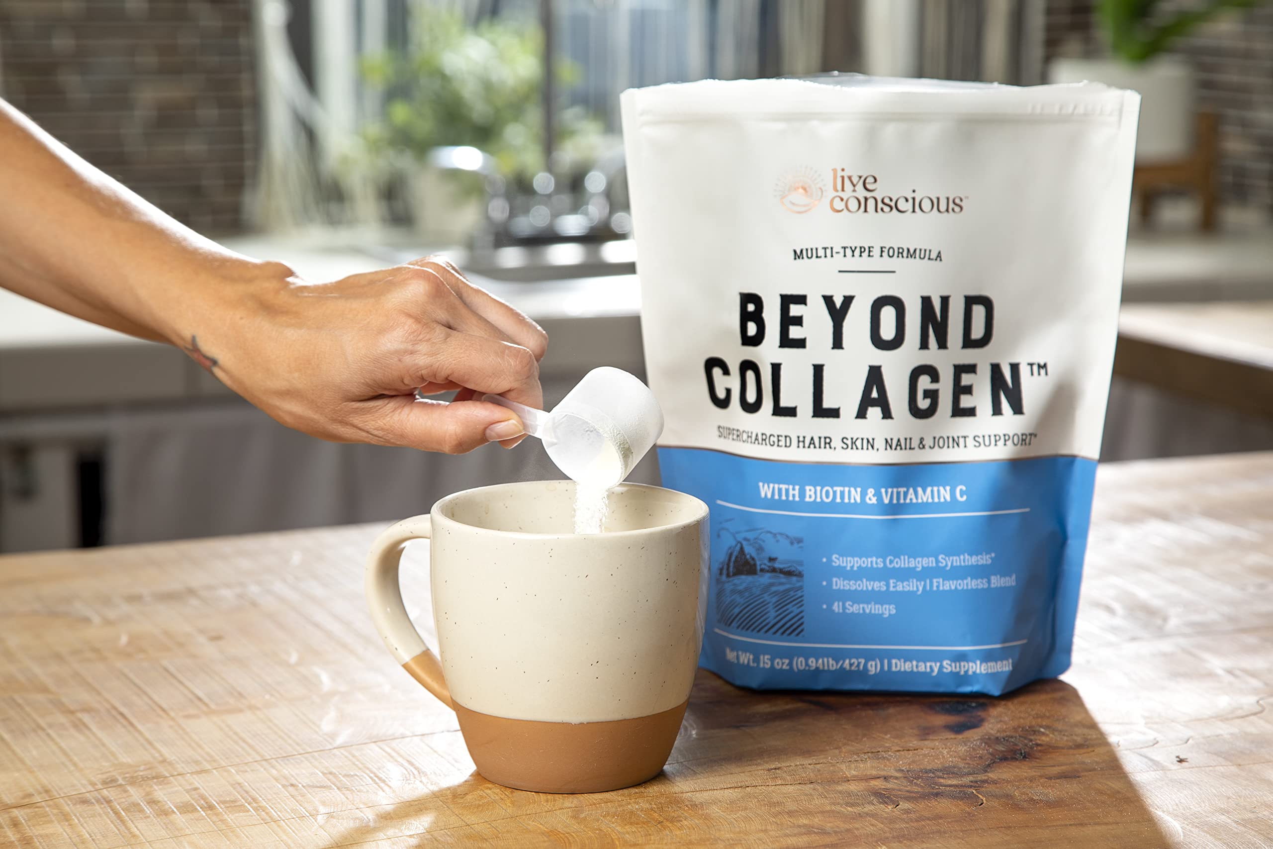 Live Conscious Beyond Collagen packaging back shows 2-pack details.