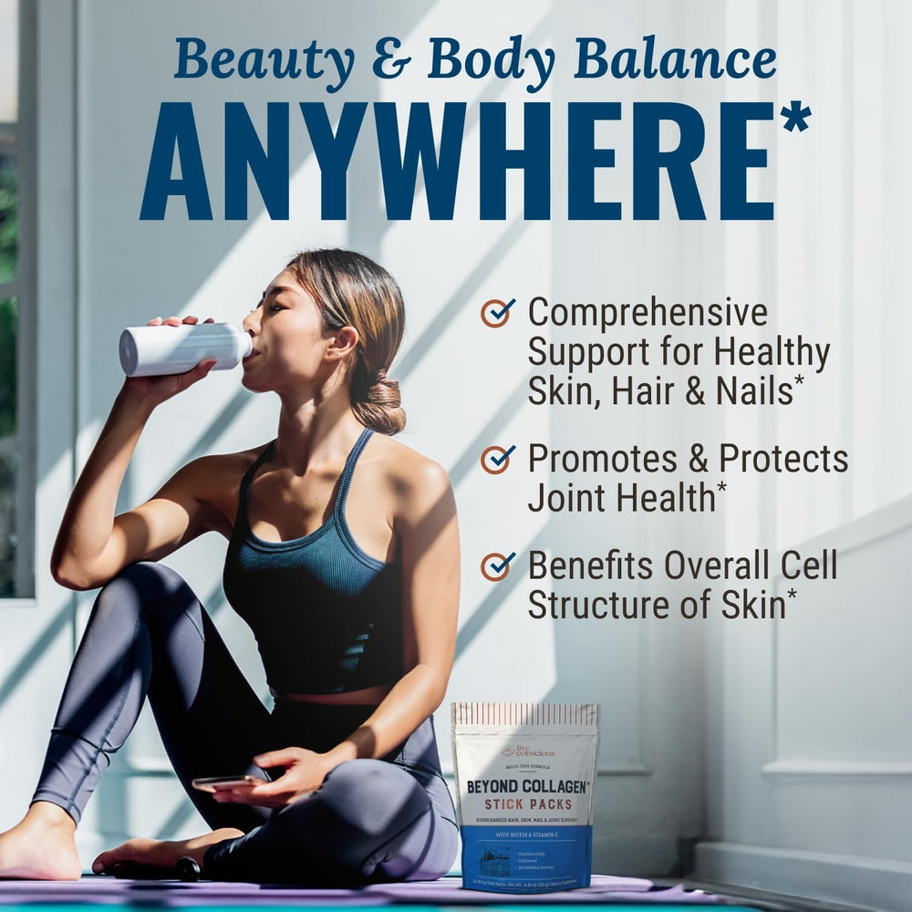 Live Conscious Beyond Collagen packets opened to show single-serve convenience.