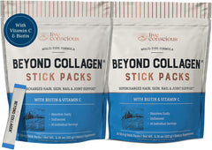 Live Conscious Beyond Collagen packets for on-the-go beauty support.
