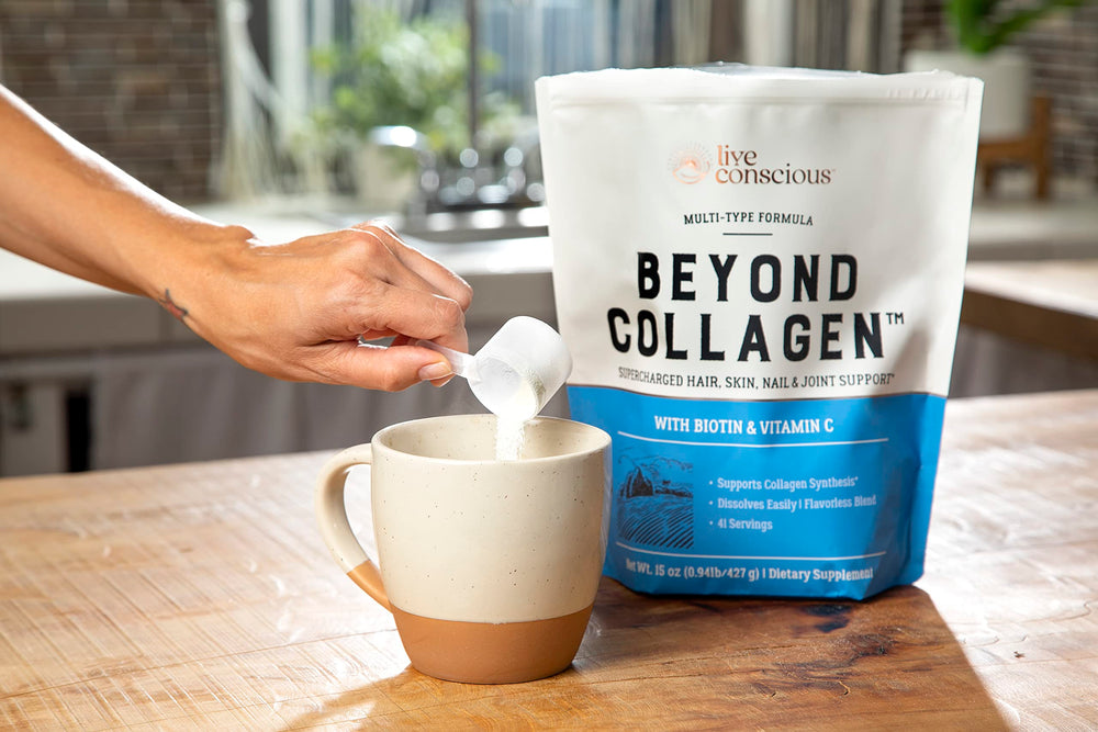 Live Conscious Beyond Collagen being added to a drink for daily use.