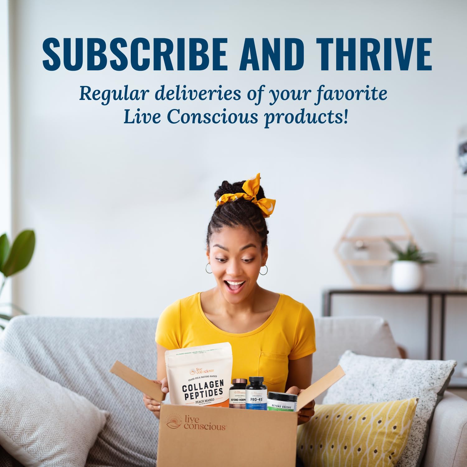 Live Conscious Beyond Collagen top view showing serving size and capsules.