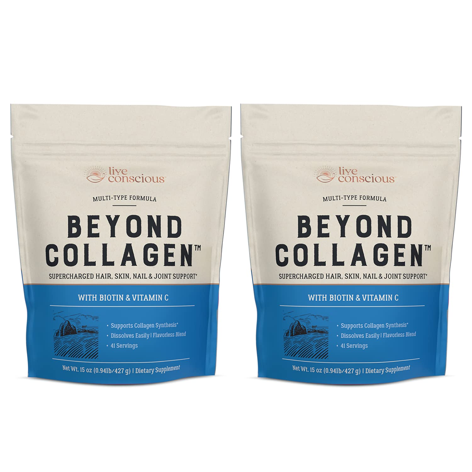 Live Conscious Beyond Collagen tub front view for skin, hair, and nails support.