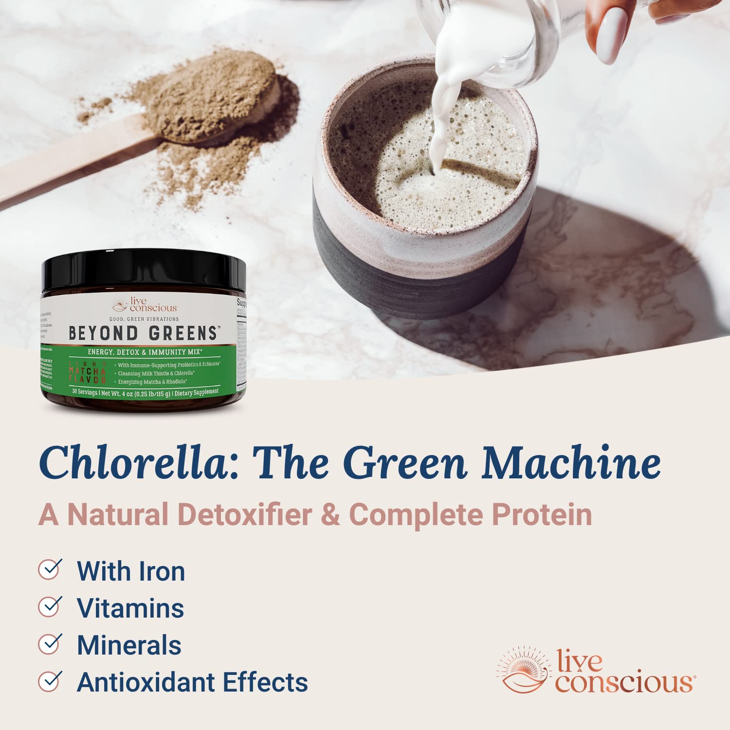 Chlorella powder jar from Live Conscious Beyond Greens highlighting nutrient density