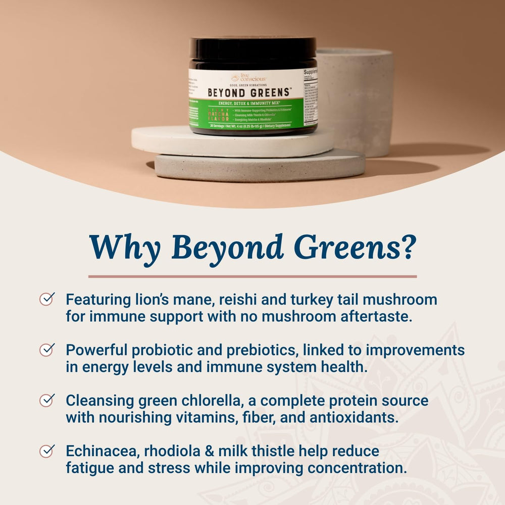 Matcha blend in cup from Live Conscious Beyond Greens for clean energy